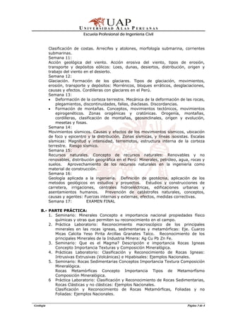 U N I V E R S I D A D A L A S P E R U A N A S
Escuela Profesional de Ingeniería Civil
Geología Página 3 de 4
Clasificación de costas. Arrecifes y atolones, morfología submarina, corrientes
submarinas.
Semana 11:
Acción geológica del viento. Acción erosiva del viento, tipos de erosión,
transporte y depósitos eólicos: Loes, dunas, desiertos, distribución, origen y
trabajo del viento en el desierto.
Semana 12:
Glaciación. Formación de los glaciares. Tipos de glaciación, movimientos,
erosión, transporte y depósitos: Morrénicos, bloques erráticos, desglaciaciones,
causas y efectos. Cordilleras con glaciares en el Perú.
Semana 13:
• Deformación de la corteza terrestre. Mecánica de la deformación de las rocas,
plegamientos, discontinuidades, fallas, diaclasas. Discordancias.
• Formación de montañas. Conceptos, movimientos tectónicos, movimientos
epirogenéticos. Zonas orogénicas y cratónicas. Orogenía, montañas,
cordilleras, clasificación de montañas, geosinclinales, orígen y evolución,
mesetas y fosas.
Semana 14:
Movimientos sísmicos. Causas y efectos de los movimientos sísmicos, ubicación
de foco y epicentro y la distribución. Zonas sísmicas, y líneas isosistas. Escalas
sísmicas: Magnitud y intensidad, terremotos, estructura interna de la corteza
terrestre. Riesgo sísmico.
Semana 15:
Recursos naturales. Concepto de recursos naturales: Renovables y no
renovables, distribución geográfica en el Perú: Minerales, petróleo, agua, rocas y
suelos. Aprovechamiento de los recursos naturales en la ingeniería como
material de construcción.
Semana 16:
Geología aplicada a la ingeniería. Definición de geotécnia, aplicación de los
metodos geológicos en estudios y proyectos. Estudios y construcciones de
carretera, irrigaciones, centrales hidroeléctricas, edificaciones urbanas y
asentamientos humanos. Prevención de catástrofes naturales, conceptos,
causas y agentes: Fuerzas internas y externas, efectos, medidas correctivas.
Semana 17: EXAMEN FINAL
B.- PARTE PRÁCTICA:
1. Seminario: Minerales Concepto e importancia nacional propiedades físico
químicas y otras que permiten su reconocimiento en el campo.
2. Práctica Laboratorio: Reconocimiento macroscópico de los principales
minerales en las rocas igneas, sedimentarias y metamórficas: Eje. Cuarzo
Micas Calcita Yeso Pirita Arcillas Granates Talco. Reconocimiento de los
principales Minerales de la Industria Minera: Ag Cu Pb Zn Fe.
3. Seminario: Que es el Magma? Descripción e importancia Rocas Igneas
Concepto Importancia Texturas y Composición Mineralógica.
4. Prácticas Laboratorio: Clasificación y Reconocimiento de Rocas Igneas:
Intrusivas Extrusivas (Volcánicas) e Hipabisales: Ejemplos Nacionales.
5. Seminario: Rocas Sedimentarias Conceptos Importancia Textura Composición
Mineralógica.
Rocas Metamórficas Concepto Importancia Tipos de Metamorfísmo
Composición Mineralógica.
6 Práctica Laboratorio: Clasificación y Reconocimiento de Rocas Sedimentarias,
Rocas Clásticas y no clásticas: Ejemplos Nacionales.
Clasificación y Reconocimiento de Rocas Metamórficas, Foliadas y no
Foliadas: Ejemplos Nacionales.
 