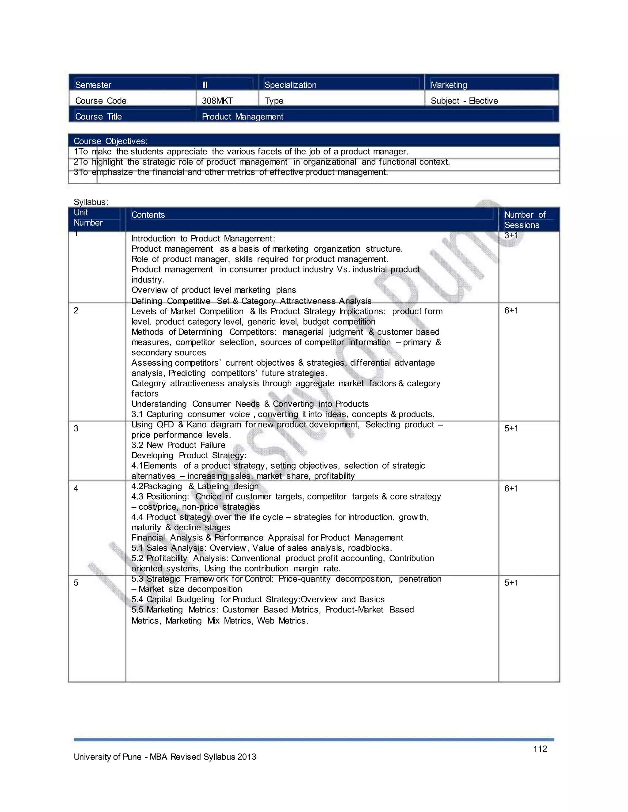 Semester
Course Code
Course Title
III
308MKT
Specialization
Type
Marketing
Subject - Elective
Product Management
Course Objectives:
1To make the students appreciate the various facets of the job of a product manager.
2To highlight the strategic role of product management in organizational and functional context.
3To emphasize the financial and other metrics of effective product management.
Syllabus:
Unit
Number
1
Contents
Introduction to Product Management:
Product management as a basis of marketing organization structure.
Role of product manager, skills required for product management.
Product management in consumer product industry Vs. industrial product
industry.
Overview of product level marketing plans
Defining Competitive Set & Category Attractiveness Analysis
Levels of Market Competition & Its Product Strategy Implications: product form
level, product category level, generic level, budget competition
Methods of Determining Competitors: managerial judgment & customer based
measures, competitor selection, sources of competitor information – primary &
secondary sources
Assessing competitors’ current objectives & strategies, differential advantage
analysis, Predicting competitors’ future strategies.
Category attractiveness analysis through aggregate market factors & category
factors
Understanding Consumer Needs & Converting into Products
3.1 Capturing consumer voice , converting it into ideas, concepts & products,
Using QFD & Kano diagram for new product development, Selecting product –
price performance levels,
3.2 New Product Failure
Developing Product Strategy:
4.1Elements of a product strategy, setting objectives, selection of strategic
alternatives – increasing sales, market share, profitability
4.2Packaging & Labeling design
4.3 Positioning: Choice of customer targets, competitor targets & core strategy
– cost/price, non-price strategies
4.4 Product strategy over the life cycle – strategies for introduction, grow th,
maturity & decline stages
Financial Analysis & Performance Appraisal for Product Management
5.1 Sales Analysis: Overview , Value of sales analysis, roadblocks.
5.2 Profitability Analysis: Conventional product profit accounting, Contribution
oriented systems, Using the contribution margin rate.
5.3 Strategic Framew ork for Control: Price-quantity decomposition, penetration
– Market size decomposition
5.4 Capital Budgeting for Product Strategy:Overview and Basics
5.5 Marketing Metrics: Customer Based Metrics, Product-Market Based
Metrics, Marketing Mix Metrics, Web Metrics.
Number of
Sessions
3+1
2 6+1
3 5+1
4 6+1
5 5+1
University of Pune - MBA Revised Syllabus 2013
112
 