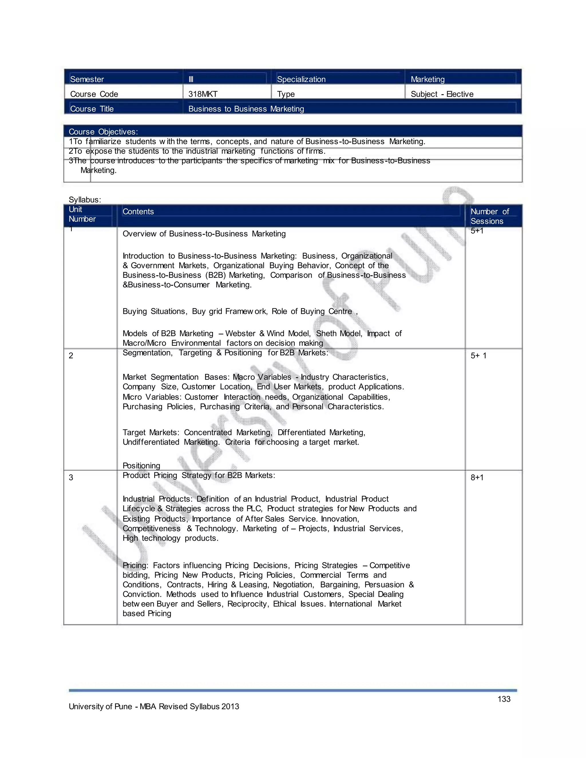 Semester
Course Code
Course Title
III
318MKT
Specialization
Type
Marketing
Subject - Elective
Business to Business Marketing
Course Objectives:
1To familiarize students w ith the terms, concepts, and nature of Business-to-Business Marketing.
2To expose the students to the industrial marketing functions of firms.
3The course introduces to the participants the specifics of marketing mix for Business-to-Business
Marketing.
Syllabus:
Unit
Number
1
Contents
Overview of Business-to-Business Marketing
Introduction to Business-to-Business Marketing: Business, Organizational
& Government Markets, Organizational Buying Behavior, Concept of the
Business-to-Business (B2B) Marketing, Comparison of Business-to-Business
&Business-to-Consumer Marketing.
Buying Situations, Buy grid Framew ork, Role of Buying Centre ,
Models of B2B Marketing – Webster & Wind Model, Sheth Model, Impact of
Macro/Micro Environmental factors on decision making
Segmentation, Targeting & Positioning for B2B Markets:
Market Segmentation Bases: Macro Variables - Industry Characteristics,
Company Size, Customer Location, End User Markets, product Applications.
Micro Variables: Customer Interaction needs, Organizational Capabilities,
Purchasing Policies, Purchasing Criteria, and Personal Characteristics.
Target Markets: Concentrated Marketing, Differentiated Marketing,
Undifferentiated Marketing. Criteria for choosing a target market.
Positioning
Product Pricing Strategy for B2B Markets:
Industrial Products: Definition of an Industrial Product, Industrial Product
Lifecycle & Strategies across the PLC, Product strategies for New Products and
Existing Products, Importance of After Sales Service. Innovation,
Competitiveness & Technology. Marketing of – Projects, Industrial Services,
High technology products.
Pricing: Factors influencing Pricing Decisions, Pricing Strategies – Competitive
bidding, Pricing New Products, Pricing Policies, Commercial Terms and
Conditions, Contracts, Hiring & Leasing, Negotiation, Bargaining, Persuasion &
Conviction. Methods used to Influence Industrial Customers, Special Dealing
betw een Buyer and Sellers, Reciprocity, Ethical Issues. International Market
based Pricing
Number of
Sessions
5+1
2 5+ 1
3 8+1
University of Pune - MBA Revised Syllabus 2013
133
 