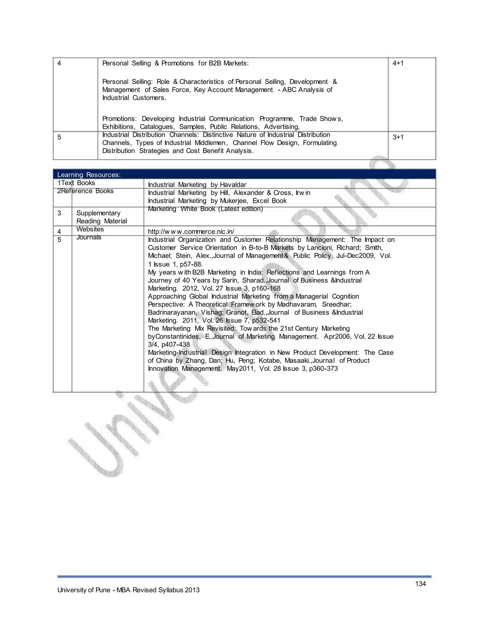 4 Personal Selling & Promotions for B2B Markets:
Personal Selling: Role & Characteristics of Personal Selling, Development &
Management of Sales Force, Key Account Management - ABC Analysis of
Industrial Customers.
Promotions: Developing Industrial Communication Programme, Trade Show s,
Exhibitions, Catalogues, Samples, Public Relations, Advertising,
Industrial Distribution Channels: Distinctive Nature of Industrial Distribution
Channels, Types of Industrial Middlemen, Channel Flow Design, Formulating
Distribution Strategies and Cost Benefit Analysis.
4+1
5 3+1
Learning Resources:
1Text Books
2Reference Books
3
4
5
Supplementary
Reading Material
Websites
Journals
Industrial Marketing by Havaldar
Industrial Marketing by Hill, Alexander & Cross, Irw in
Industrial Marketing by Mukerjee, Excel Book
Marketing White Book (Latest edition)
http://w w w.commerce.nic.in/
Industrial Organization and Customer Relationship Management: The Impact on
Customer Service Orientation in B-to-B Markets by Lancioni, Richard; Smith,
Michael; Stein, Alex.,Journal of Management& Public Policy. Jul-Dec2009, Vol.
1 Issue 1, p57-88.
My years w ith B2B Marketing in India: Reflections and Learnings from A
Journey of 40 Years by Sarin, Sharad.,Journal of Business &Industrial
Marketing. 2012, Vol. 27 Issue 3, p160-168
Approaching Global Industrial Marketing from a Managerial Cognition
Perspective: A Theoretical Framew ork by Madhavaram, Sreedhar;
Badrinarayanan, Vishag; Granot, Elad.,Journal of Business &Industrial
Marketing. 2011, Vol. 26 Issue 7, p532-541
The Marketing Mix Revisited: Tow ards the 21st Century Marketing
byConstantinides, E.,Journal of Marketing Management. Apr2006, Vol. 22 Issue
3/4, p407-438
Marketing-Industrial Design Integration in New Product Development: The Case
of China by Zhang, Dan; Hu, Peng; Kotabe, Masaaki.,Journal of Product
Innovation Management. May2011, Vol. 28 Issue 3, p360-373
University of Pune - MBA Revised Syllabus 2013
134
 