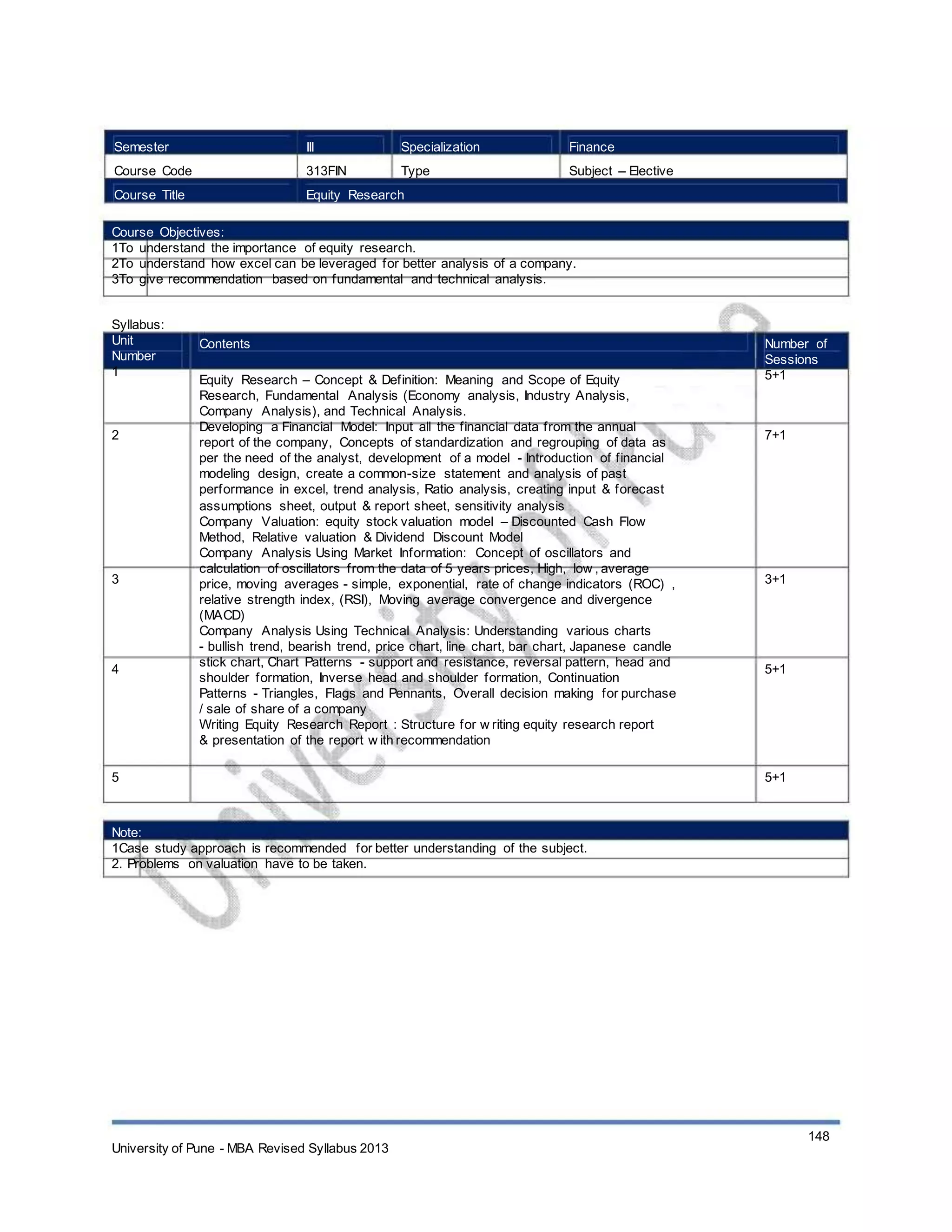 Semester
Course Code
Course Title
III
313FIN
Specialization
Type
Finance
Subject – Elective
Equity Research
Course Objectives:
1To understand the importance of equity research.
2To understand how excel can be leveraged for better analysis of a company.
3To give recommendation based on fundamental and technical analysis.
Syllabus:
Unit
Number
1
Contents
Equity Research – Concept & Definition: Meaning and Scope of Equity
Research, Fundamental Analysis (Economy analysis, Industry Analysis,
Company Analysis), and Technical Analysis.
Developing a Financial Model: Input all the financial data from the annual
report of the company, Concepts of standardization and regrouping of data as
per the need of the analyst, development of a model - Introduction of financial
modeling design, create a common-size statement and analysis of past
performance in excel, trend analysis, Ratio analysis, creating input & forecast
assumptions sheet, output & report sheet, sensitivity analysis
Company Valuation: equity stock valuation model – Discounted Cash Flow
Method, Relative valuation & Dividend Discount Model
Company Analysis Using Market Information: Concept of oscillators and
calculation of oscillators from the data of 5 years prices, High, low , average
price, moving averages - simple, exponential, rate of change indicators (ROC) ,
relative strength index, (RSI), Moving average convergence and divergence
(MACD)
Company Analysis Using Technical Analysis: Understanding various charts
- bullish trend, bearish trend, price chart, line chart, bar chart, Japanese candle
stick chart, Chart Patterns - support and resistance, reversal pattern, head and
shoulder formation, Inverse head and shoulder formation, Continuation
Patterns - Triangles, Flags and Pennants, Overall decision making for purchase
/ sale of share of a company
Writing Equity Research Report : Structure for w riting equity research report
& presentation of the report w ith recommendation
Number of
Sessions
5+1
2 7+1
3 3+1
4 5+1
5 5+1
Note:
1Case study approach is recommended for better understanding of the subject.
2. Problems on valuation have to be taken.
University of Pune - MBA Revised Syllabus 2013
148
 