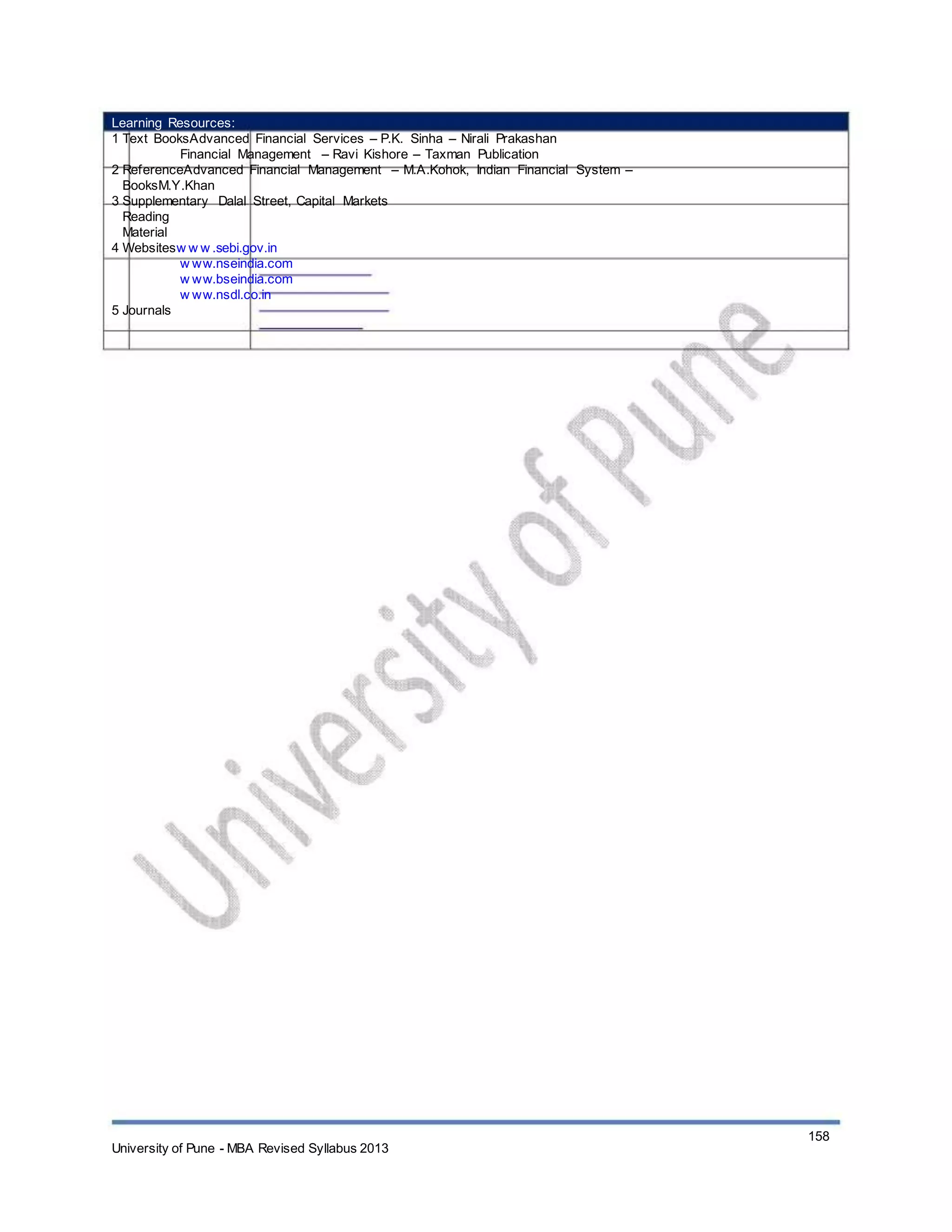 Learning Resources:
1 Text BooksAdvanced Financial Services – P.K. Sinha – Nirali Prakashan
Financial Management – Ravi Kishore – Taxman Publication
2 ReferenceAdvanced Financial Management – M.A.Kohok, Indian Financial System –
BooksM.Y.Khan
3 Supplementary Dalal Street, Capital Markets
Reading
Material
4 Websitesw w w .sebi.gov.in
w ww.nseindia.com
w ww.bseindia.com
w ww.nsdl.co.in
5 Journals
University of Pune - MBA Revised Syllabus 2013
158
 
