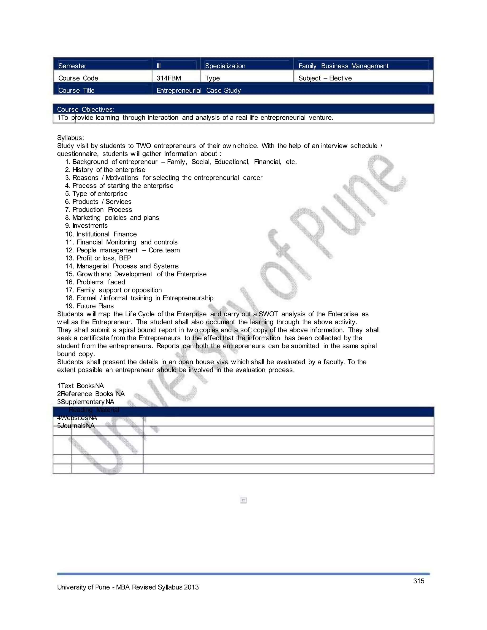 Semester
Course Code
Course Title
III
314FBM
Specialization
Type
Family Business Management
Subject – Elective
Entrepreneurial Case Study
Course Objectives:
1To provide learning through interaction and analysis of a real life entrepreneurial venture.
Syllabus:
Study visit by students to TWO entrepreneurs of their ow n choice. With the help of an interview schedule /
questionnaire, students w ill gather information about :
1. Background of entrepreneur – Family, Social, Educational, Financial, etc.
2. History of the enterprise
3. Reasons / Motivations for selecting the entrepreneurial career
4. Process of starting the enterprise
5. Type of enterprise
6. Products / Services
7. Production Process
8. Marketing policies and plans
9. Investments
10. Institutional Finance
11. Financial Monitoring and controls
12. People management – Core team
13. Profit or loss, BEP
14. Managerial Process and Systems
15. Grow th and Development of the Enterprise
16. Problems faced
17. Family support or opposition
18. Formal / informal training in Entrepreneurship
19. Future Plans
Students w ill map the Life Cycle of the Enterprise and carry out a SWOT analysis of the Enterprise as
w ell as the Entrepreneur. The student shall also document the learning through the above activity.
They shall submit a spiral bound report in tw o copies and a soft copy of the above information. They shall
seek a certificate from the Entrepreneurs to the effect that the information has been collected by the
student from the entrepreneurs. Reports can both the entrepreneurs can be submitted in the same spiral
bound copy.
Students shall present the details in an open house viva w hich shall be evaluated by a faculty. To the
extent possible an entrepreneur should be involved in the evaluation process.
Learning Resources:
1Text BooksNA
2Reference Books NA
3SupplementaryNA
Reading Material
4WebsitesNA
5JournalsNA
University of Pune - MBA Revised Syllabus 2013
315
 