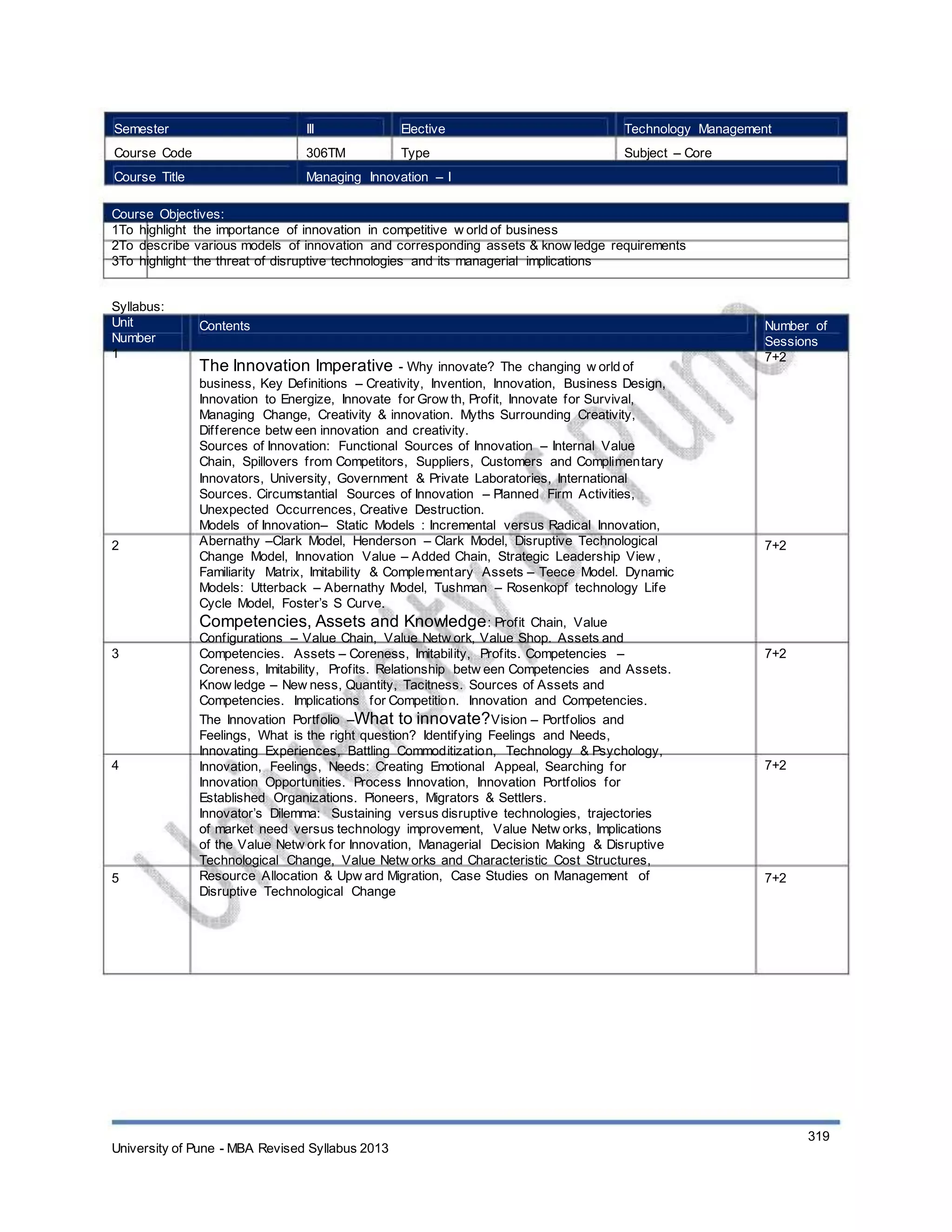 Semester
Course Code
Course Title
III
306TM
Elective
Type
Technology Management
Subject – Core
Managing Innovation – I
Course Objectives:
1To highlight the importance of innovation in competitive w orld of business
2To describe various models of innovation and corresponding assets & know ledge requirements
3To highlight the threat of disruptive technologies and its managerial implications
Syllabus:
Unit
Number
1
Contents
The Innovation Imperative - Why innovate? The changing w orld of
business, Key Definitions – Creativity, Invention, Innovation, Business Design,
Innovation to Energize, Innovate for Grow th, Profit, Innovate for Survival,
Managing Change, Creativity & innovation. Myths Surrounding Creativity,
Difference betw een innovation and creativity.
Sources of Innovation: Functional Sources of Innovation – Internal Value
Chain, Spillovers from Competitors, Suppliers, Customers and Complimentary
Innovators, University, Government & Private Laboratories, International
Sources. Circumstantial Sources of Innovation – Planned Firm Activities,
Unexpected Occurrences, Creative Destruction.
Models of Innovation– Static Models : Incremental versus Radical Innovation,
Abernathy –Clark Model, Henderson – Clark Model, Disruptive Technological
Change Model, Innovation Value – Added Chain, Strategic Leadership View ,
Familiarity Matrix, Imitability & Complementary Assets – Teece Model. Dynamic
Models: Utterback – Abernathy Model, Tushman – Rosenkopf technology Life
Cycle Model, Foster’s S Curve.
Competencies, Assets and Knowledge: Profit Chain, Value
Configurations – Value Chain, Value Netw ork, Value Shop. Assets and
Competencies. Assets – Coreness, Imitability, Profits. Competencies –
Coreness, Imitability, Profits. Relationship betw een Competencies and Assets.
Know ledge – New ness, Quantity, Tacitness. Sources of Assets and
Competencies. Implications for Competition. Innovation and Competencies.
The Innovation Portfolio –What to innovate?Vision – Portfolios and
Feelings, What is the right question? Identifying Feelings and Needs,
Innovating Experiences, Battling Commoditization, Technology & Psychology,
Innovation, Feelings, Needs: Creating Emotional Appeal, Searching for
Innovation Opportunities. Process Innovation, Innovation Portfolios for
Established Organizations. Pioneers, Migrators & Settlers.
Innovator’s Dilemma: Sustaining versus disruptive technologies, trajectories
of market need versus technology improvement, Value Netw orks, Implications
of the Value Netw ork for Innovation, Managerial Decision Making & Disruptive
Technological Change, Value Netw orks and Characteristic Cost Structures,
Resource Allocation & Upw ard Migration, Case Studies on Management of
Disruptive Technological Change
Number of
Sessions
7+2
2 7+2
3 7+2
4 7+2
5 7+2
University of Pune - MBA Revised Syllabus 2013
319
 