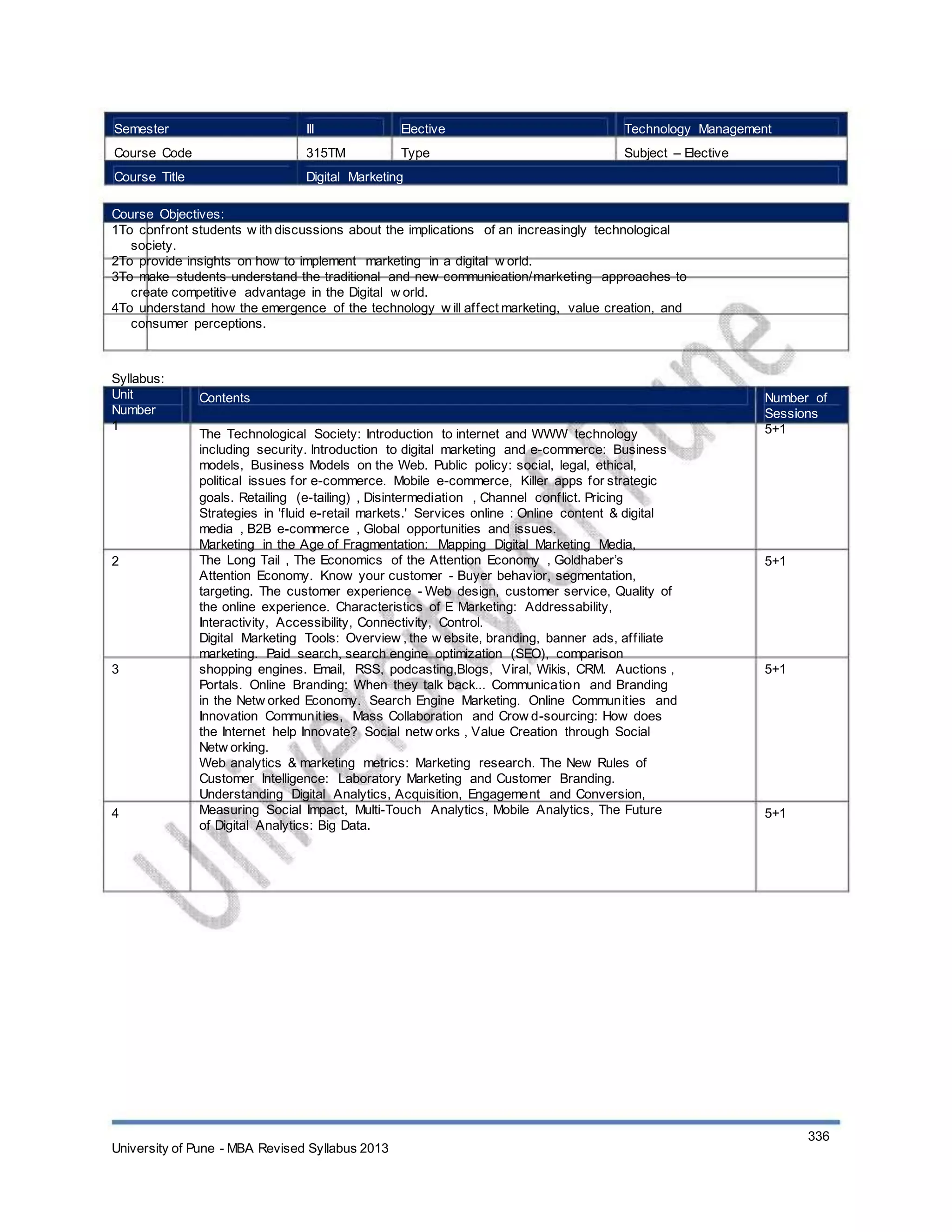 Semester
Course Code
Course Title
III
315TM
Elective
Type
Technology Management
Subject – Elective
Digital Marketing
Course Objectives:
1To confront students w ith discussions about the implications of an increasingly technological
society.
2To provide insights on how to implement marketing in a digital w orld.
3To make students understand the traditional and new communication/marketing approaches to
create competitive advantage in the Digital w orld.
4To understand how the emergence of the technology w ill affect marketing, value creation, and
consumer perceptions.
Syllabus:
Unit
Number
1
Contents
The Technological Society: Introduction to internet and WWW technology
including security. Introduction to digital marketing and e-commerce: Business
models, Business Models on the Web. Public policy: social, legal, ethical,
political issues for e-commerce. Mobile e-commerce, Killer apps for strategic
goals. Retailing (e-tailing) , Disintermediation , Channel conflict. Pricing
Strategies in 'fluid e-retail markets.' Services online : Online content & digital
media , B2B e-commerce , Global opportunities and issues.
Marketing in the Age of Fragmentation: Mapping Digital Marketing Media,
The Long Tail , The Economics of the Attention Economy , Goldhaber’s
Attention Economy. Know your customer - Buyer behavior, segmentation,
targeting. The customer experience - Web design, customer service, Quality of
the online experience. Characteristics of E Marketing: Addressability,
Interactivity, Accessibility, Connectivity, Control.
Digital Marketing Tools: Overview , the w ebsite, branding, banner ads, affiliate
marketing. Paid search, search engine optimization (SEO), comparison
shopping engines. Email, RSS, podcasting,Blogs, Viral, Wikis, CRM. Auctions ,
Portals. Online Branding: When they talk back... Communication and Branding
in the Netw orked Economy. Search Engine Marketing. Online Communities and
Innovation Communities, Mass Collaboration and Crow d-sourcing: How does
the Internet help Innovate? Social netw orks , Value Creation through Social
Netw orking.
Web analytics & marketing metrics: Marketing research. The New Rules of
Customer Intelligence: Laboratory Marketing and Customer Branding.
Understanding Digital Analytics, Acquisition, Engagement and Conversion,
Measuring Social Impact, Multi-Touch Analytics, Mobile Analytics, The Future
of Digital Analytics: Big Data.
Number of
Sessions
5+1
2 5+1
3 5+1
4 5+1
University of Pune - MBA Revised Syllabus 2013
336
 