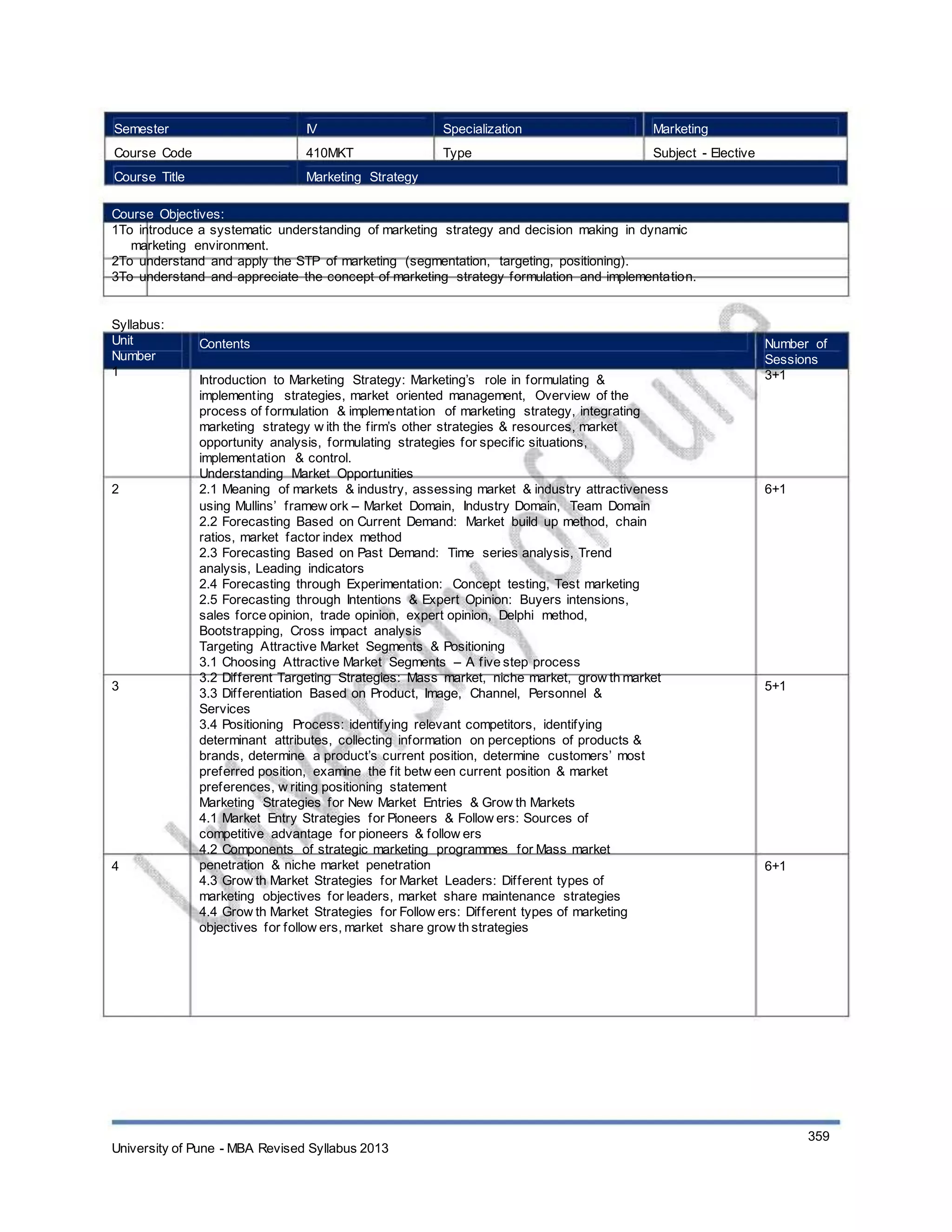Semester
Course Code
Course Title
IV
410MKT
Marketing Strategy
Specialization
Type
Marketing
Subject - Elective
Course Objectives:
1To introduce a systematic understanding of marketing strategy and decision making in dynamic
marketing environment.
2To understand and apply the STP of marketing (segmentation, targeting, positioning).
3To understand and appreciate the concept of marketing strategy formulation and implementation.
Syllabus:
Unit
Number
1
Contents
Introduction to Marketing Strategy: Marketing’s role in formulating &
implementing strategies, market oriented management, Overview of the
process of formulation & implementation of marketing strategy, integrating
marketing strategy w ith the firm’s other strategies & resources, market
opportunity analysis, formulating strategies for specific situations,
implementation & control.
Understanding Market Opportunities
2.1 Meaning of markets & industry, assessing market & industry attractiveness
using Mullins’ framew ork – Market Domain, Industry Domain, Team Domain
2.2 Forecasting Based on Current Demand: Market build up method, chain
ratios, market factor index method
2.3 Forecasting Based on Past Demand: Time series analysis, Trend
analysis, Leading indicators
2.4 Forecasting through Experimentation: Concept testing, Test marketing
2.5 Forecasting through Intentions & Expert Opinion: Buyers intensions,
sales force opinion, trade opinion, expert opinion, Delphi method,
Bootstrapping, Cross impact analysis
Targeting Attractive Market Segments & Positioning
3.1 Choosing Attractive Market Segments – A five step process
3.2 Different Targeting Strategies: Mass market, niche market, grow th market
3.3 Differentiation Based on Product, Image, Channel, Personnel &
Services
3.4 Positioning Process: identifying relevant competitors, identifying
determinant attributes, collecting information on perceptions of products &
brands, determine a product’s current position, determine customers’ most
preferred position, examine the fit betw een current position & market
preferences, w riting positioning statement
Marketing Strategies for New Market Entries & Grow th Markets
4.1 Market Entry Strategies for Pioneers & Follow ers: Sources of
competitive advantage for pioneers & follow ers
4.2 Components of strategic marketing programmes for Mass market
penetration & niche market penetration
4.3 Grow th Market Strategies for Market Leaders: Different types of
marketing objectives for leaders, market share maintenance strategies
4.4 Grow th Market Strategies for Follow ers: Different types of marketing
objectives for follow ers, market share grow th strategies
Number of
Sessions
3+1
2 6+1
3 5+1
4 6+1
University of Pune - MBA Revised Syllabus 2013
359
 