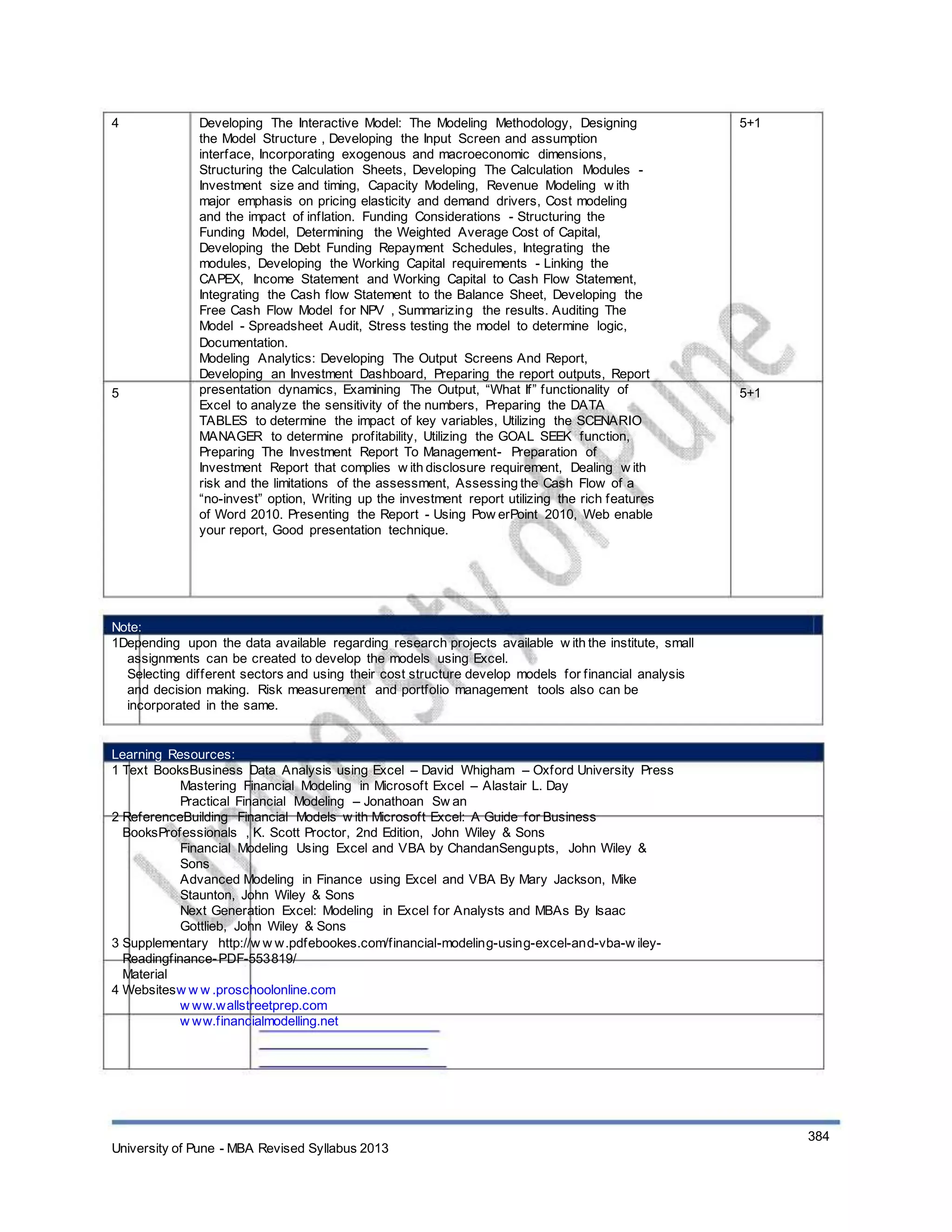 4
5
Developing The Interactive Model: The Modeling Methodology, Designing
the Model Structure , Developing the Input Screen and assumption
interface, Incorporating exogenous and macroeconomic dimensions,
Structuring the Calculation Sheets, Developing The Calculation Modules -
Investment size and timing, Capacity Modeling, Revenue Modeling w ith
major emphasis on pricing elasticity and demand drivers, Cost modeling
and the impact of inflation. Funding Considerations - Structuring the
Funding Model, Determining the Weighted Average Cost of Capital,
Developing the Debt Funding Repayment Schedules, Integrating the
modules, Developing the Working Capital requirements - Linking the
CAPEX, Income Statement and Working Capital to Cash Flow Statement,
Integrating the Cash flow Statement to the Balance Sheet, Developing the
Free Cash Flow Model for NPV , Summarizing the results. Auditing The
Model - Spreadsheet Audit, Stress testing the model to determine logic,
Documentation.
Modeling Analytics: Developing The Output Screens And Report,
Developing an Investment Dashboard, Preparing the report outputs, Report
presentation dynamics, Examining The Output, “What If” functionality of
Excel to analyze the sensitivity of the numbers, Preparing the DATA
TABLES to determine the impact of key variables, Utilizing the SCENARIO
MANAGER to determine profitability, Utilizing the GOAL SEEK function,
Preparing The Investment Report To Management- Preparation of
Investment Report that complies w ith disclosure requirement, Dealing w ith
risk and the limitations of the assessment, Assessing the Cash Flow of a
“no-invest” option, Writing up the investment report utilizing the rich features
of Word 2010. Presenting the Report - Using Pow erPoint 2010, Web enable
your report, Good presentation technique.
5+1
5+1
Note:
1Depending upon the data available regarding research projects available w ith the institute, small
assignments can be created to develop the models using Excel.
Selecting different sectors and using their cost structure develop models for financial analysis
and decision making. Risk measurement and portfolio management tools also can be
incorporated in the same.
Learning Resources:
1 Text BooksBusiness Data Analysis using Excel – David Whigham – Oxford University Press
Mastering Financial Modeling in Microsoft Excel – Alastair L. Day
Practical Financial Modeling – Jonathoan Sw an
2 ReferenceBuilding Financial Models w ith Microsoft Excel: A Guide for Business
BooksProfessionals , K. Scott Proctor, 2nd Edition, John Wiley & Sons
Financial Modeling Using Excel and VBA by ChandanSengupts, John Wiley &
Sons
Advanced Modeling in Finance using Excel and VBA By Mary Jackson, Mike
Staunton, John Wiley & Sons
Next Generation Excel: Modeling in Excel for Analysts and MBAs By Isaac
Gottlieb, John Wiley & Sons
3 Supplementary http://w w w.pdfebookes.com/financial-modeling-using-excel-and-vba-w iley-
Readingfinance-PDF-553819/
Material
4 Websitesw w w .proschoolonline.com
w ww.wallstreetprep.com
w ww.financialmodelling.net
University of Pune - MBA Revised Syllabus 2013
384
 