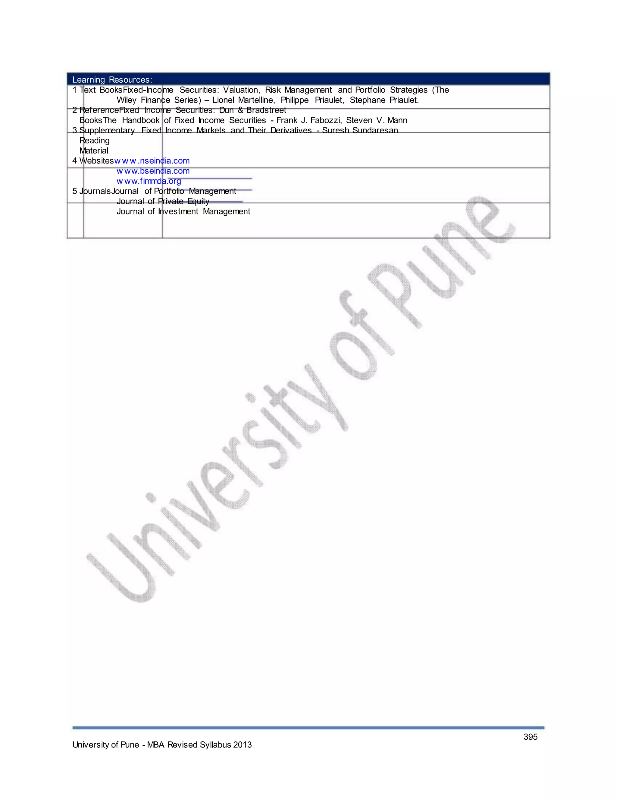 Learning Resources:
1 Text BooksFixed-Income Securities: Valuation, Risk Management and Portfolio Strategies (The
Wiley Finance Series) – Lionel Martelline, Philippe Priaulet, Stephane Priaulet.
2 ReferenceFixed Income Securities: Dun & Bradstreet
BooksThe Handbook of Fixed Income Securities - Frank J. Fabozzi, Steven V. Mann
3 Supplementary Fixed Income Markets and Their Derivatives - Suresh Sundaresan
Reading
Material
4 Websitesw w w .nseindia.com
w ww.bseindia.com
w ww.fimmda.org
5 JournalsJournal of Portfolio Management
Journal of Private Equity
Journal of Investment Management
University of Pune - MBA Revised Syllabus 2013
395
 