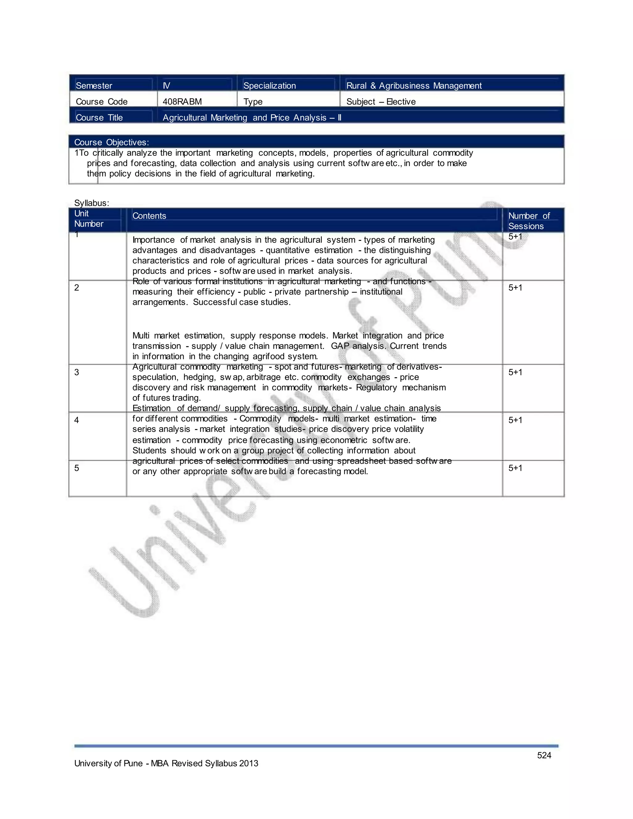 Semester
Course Code
Course Title
IV
408RABM
Specialization
Type
Rural & Agribusiness Management
Subject – Elective
Agricultural Marketing and Price Analysis – II
Course Objectives:
1To critically analyze the important marketing concepts, models, properties of agricultural commodity
prices and forecasting, data collection and analysis using current softw are etc., in order to make
them policy decisions in the field of agricultural marketing.
Syllabus:
Unit
Number
1
Contents
Importance of market analysis in the agricultural system - types of marketing
advantages and disadvantages - quantitative estimation - the distinguishing
characteristics and role of agricultural prices - data sources for agricultural
products and prices - softw are used in market analysis.
Role of various formal institutions in agricultural marketing - and functions -
measuring their efficiency - public - private partnership – institutional
arrangements. Successful case studies.
Multi market estimation, supply response models. Market integration and price
transmission - supply / value chain management. GAP analysis. Current trends
in information in the changing agrifood system.
Agricultural commodity marketing - spot and futures- marketing of derivatives-
speculation, hedging, sw ap, arbitrage etc. commodity exchanges - price
discovery and risk management in commodity markets- Regulatory mechanism
of futures trading.
Estimation of demand/ supply forecasting, supply chain / value chain analysis
for different commodities - Commodity models- multi market estimation- time
series analysis - market integration studies- price discovery price volatility
estimation - commodity price forecasting using econometric softw are.
Students should w ork on a group project of collecting information about
agricultural prices of select commodities and using spreadsheet based softw are
or any other appropriate softw are build a forecasting model.
Number of
Sessions
5+1
2 5+1
3 5+1
4 5+1
5 5+1
University of Pune - MBA Revised Syllabus 2013
524
 