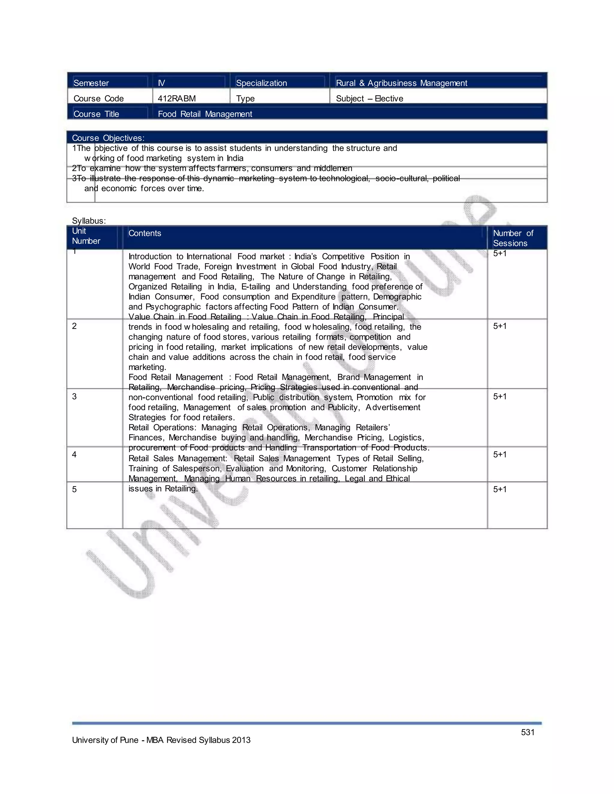 Semester
Course Code
Course Title
IV
412RABM
Specialization
Type
Rural & Agribusiness Management
Subject – Elective
Food Retail Management
Course Objectives:
1The objective of this course is to assist students in understanding the structure and
w orking of food marketing system in India
2To examine how the system affects farmers, consumers and middlemen
3To illustrate the response of this dynamic marketing system to technological, socio-cultural, political
and economic forces over time.
Syllabus:
Unit
Number
1
Contents
Introduction to International Food market : India’s Competitive Position in
World Food Trade, Foreign Investment in Global Food Industry, Retail
management and Food Retailing, The Nature of Change in Retailing,
Organized Retailing in India, E-tailing and Understanding food preference of
Indian Consumer, Food consumption and Expenditure pattern, Demographic
and Psychographic factors affecting Food Pattern of Indian Consumer.
Value Chain in Food Retailing : Value Chain in Food Retailing, Principal
trends in food w holesaling and retailing, food w holesaling, food retailing, the
changing nature of food stores, various retailing formats, competition and
pricing in food retailing, market implications of new retail developments, value
chain and value additions across the chain in food retail, food service
marketing.
Food Retail Management : Food Retail Management, Brand Management in
Retailing, Merchandise pricing, Pricing Strategies used in conventional and
non-conventional food retailing, Public distribution system, Promotion mix for
food retailing, Management of sales promotion and Publicity, Advertisement
Strategies for food retailers.
Retail Operations: Managing Retail Operations, Managing Retailers’
Finances, Merchandise buying and handling, Merchandise Pricing, Logistics,
procurement of Food products and Handling Transportation of Food Products.
Retail Sales Management: Retail Sales Management Types of Retail Selling,
Training of Salesperson, Evaluation and Monitoring, Customer Relationship
Management, Managing Human Resources in retailing, Legal and Ethical
issues in Retailing.
Number of
Sessions
5+1
2 5+1
3 5+1
4 5+1
5 5+1
University of Pune - MBA Revised Syllabus 2013
531
 