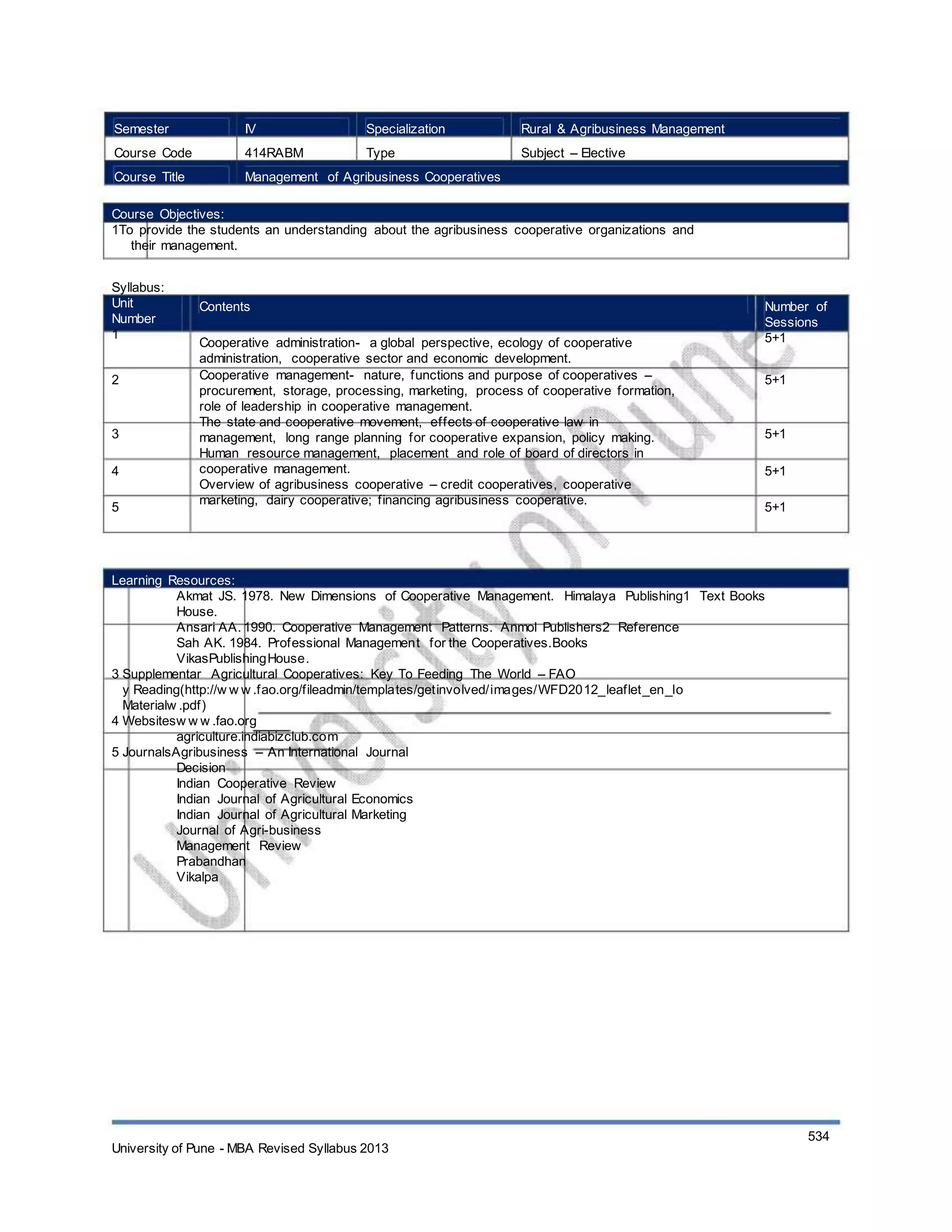 Semester
Course Code
Course Title
IV
414RABM
Specialization
Type
Rural & Agribusiness Management
Subject – Elective
Management of Agribusiness Cooperatives
Course Objectives:
1To provide the students an understanding about the agribusiness cooperative organizations and
their management.
Syllabus:
Unit
Number
1
2
Contents
Cooperative administration- a global perspective, ecology of cooperative
administration, cooperative sector and economic development.
Cooperative management- nature, functions and purpose of cooperatives –
procurement, storage, processing, marketing, process of cooperative formation,
role of leadership in cooperative management.
The state and cooperative movement, effects of cooperative law in
management, long range planning for cooperative expansion, policy making.
Human resource management, placement and role of board of directors in
cooperative management.
Overview of agribusiness cooperative – credit cooperatives, cooperative
marketing, dairy cooperative; financing agribusiness cooperative.
Number of
Sessions
5+1
5+1
3
4
5
5+1
5+1
5+1
Learning Resources:
Akmat JS. 1978. New Dimensions of Cooperative Management. Himalaya Publishing1 Text Books
House.
Ansari AA. 1990. Cooperative Management Patterns. Anmol Publishers2 Reference
Sah AK. 1984. Professional Management for the Cooperatives.Books
VikasPublishingHouse.
3 Supplementar Agricultural Cooperatives: Key To Feeding The World – FAO
y Reading(http://w w w .fao.org/fileadmin/templates/getinvolved/images/WFD2012_leaflet_en_lo
Materialw .pdf)
4 Websitesw w w .fao.org
agriculture.indiabizclub.com
5 JournalsAgribusiness – An International Journal
Decision
Indian Cooperative Review
Indian Journal of Agricultural Economics
Indian Journal of Agricultural Marketing
Journal of Agri-business
Management Review
Prabandhan
Vikalpa
University of Pune - MBA Revised Syllabus 2013
534
 