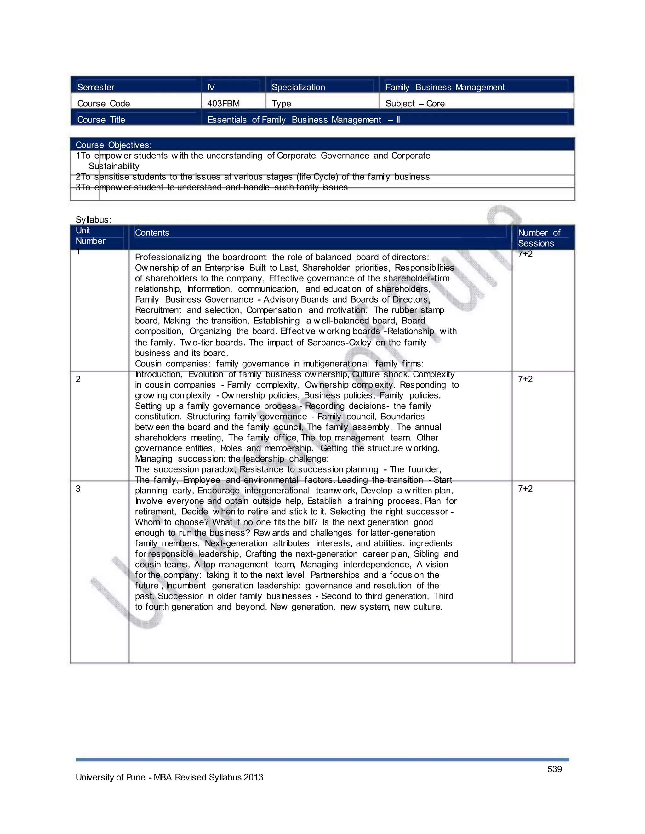 Semester
Course Code
Course Title
IV
403FBM
Specialization
Type
Family Business Management
Subject – Core
Essentials of Family Business Management – II
Course Objectives:
1To empow er students w ith the understanding of Corporate Governance and Corporate
Sustainability
2To sensitise students to the issues at various stages (life Cycle) of the family business
3To empow er student to understand and handle such family issues
Syllabus:
Unit
Number
1
Contents
Professionalizing the boardroom: the role of balanced board of directors:
Ow nership of an Enterprise Built to Last, Shareholder priorities, Responsibilities
of shareholders to the company, Effective governance of the shareholder-firm
relationship, Information, communication, and education of shareholders,
Family Business Governance - Advisory Boards and Boards of Directors,
Recruitment and selection, Compensation and motivation, The rubber stamp
board, Making the transition, Establishing a w ell-balanced board, Board
composition, Organizing the board. Effective w orking boards -Relationship w ith
the family. Tw o-tier boards. The impact of Sarbanes-Oxley on the family
business and its board.
Cousin companies: family governance in multigenerational family firms:
Introduction, Evolution of family business ow nership, Culture shock. Complexity
in cousin companies - Family complexity, Ow nership complexity. Responding to
grow ing complexity - Ow nership policies, Business policies, Family policies.
Setting up a family governance process - Recording decisions- the family
constitution. Structuring family governance - Family council, Boundaries
betw een the board and the family council, The family assembly, The annual
shareholders meeting, The family office, The top management team. Other
governance entities, Roles and membership. Getting the structure w orking.
Managing succession: the leadership challenge:
The succession paradox, Resistance to succession planning - The founder,
The family, Employee and environmental factors. Leading the transition - Start
planning early, Encourage intergenerational teamw ork, Develop a w ritten plan,
Involve everyone and obtain outside help, Establish a training process, Plan for
retirement, Decide w hen to retire and stick to it. Selecting the right successor -
Whom to choose? What if no one fits the bill? Is the next generation good
enough to run the business? Rew ards and challenges for latter-generation
family members, Next-generation attributes, interests, and abilities: ingredients
for responsible leadership, Crafting the next-generation career plan, Sibling and
cousin teams, A top management team, Managing interdependence, A vision
for the company: taking it to the next level, Partnerships and a focus on the
future , Incumbent generation leadership: governance and resolution of the
past. Succession in older family businesses - Second to third generation, Third
to fourth generation and beyond. New generation, new system, new culture.
Number of
Sessions
7+2
2 7+2
3 7+2
University of Pune - MBA Revised Syllabus 2013
539
 