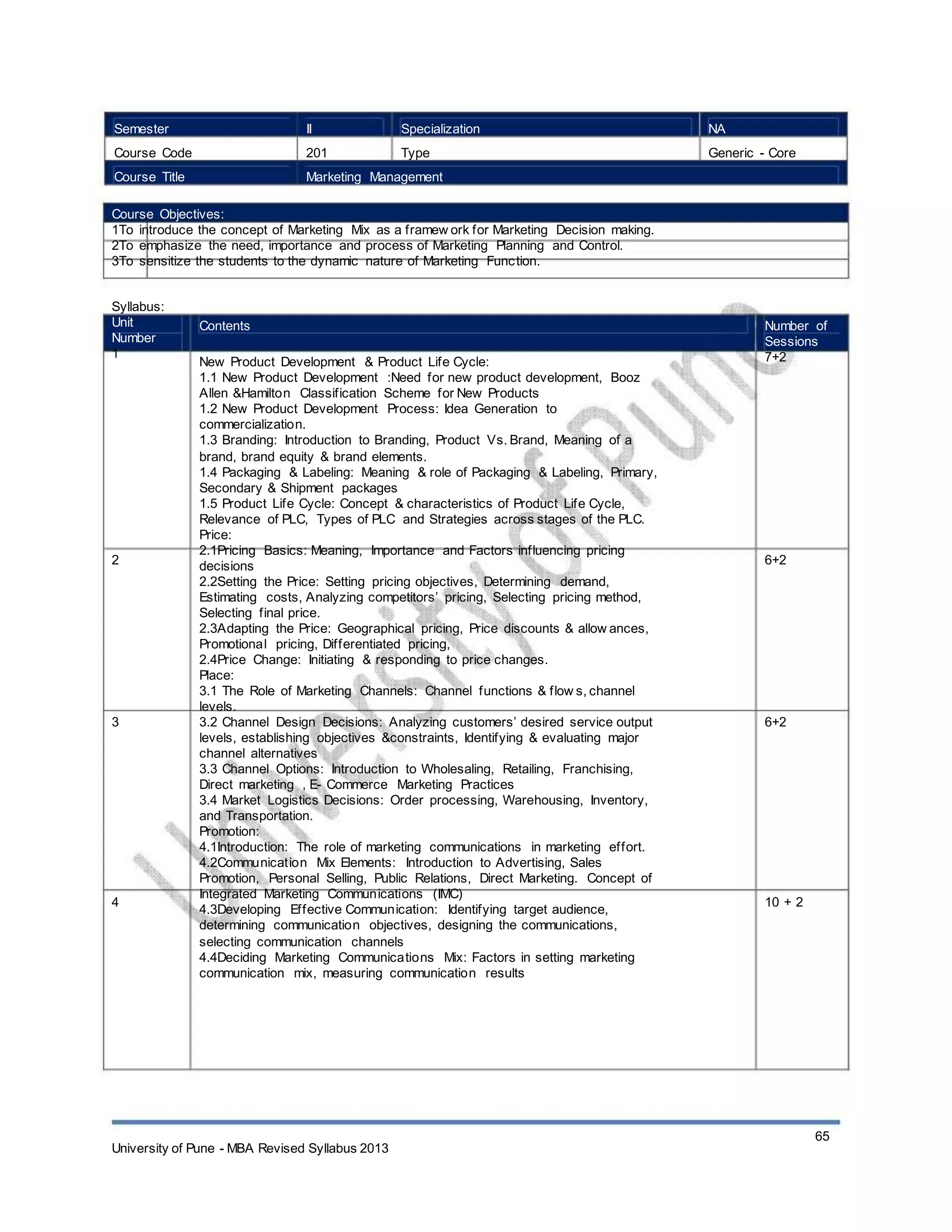 Semester
Course Code
Course Title
II
201
Specialization
Type
NA
Generic - Core
Marketing Management
Course Objectives:
1To introduce the concept of Marketing Mix as a framew ork for Marketing Decision making.
2To emphasize the need, importance and process of Marketing Planning and Control.
3To sensitize the students to the dynamic nature of Marketing Function.
Syllabus:
Unit
Number
1
Contents
New Product Development & Product Life Cycle:
1.1 New Product Development :Need for new product development, Booz
Allen &Hamilton Classification Scheme for New Products
1.2 New Product Development Process: Idea Generation to
commercialization.
1.3 Branding: Introduction to Branding, Product Vs. Brand, Meaning of a
brand, brand equity & brand elements.
1.4 Packaging & Labeling: Meaning & role of Packaging & Labeling, Primary,
Secondary & Shipment packages
1.5 Product Life Cycle: Concept & characteristics of Product Life Cycle,
Relevance of PLC, Types of PLC and Strategies across stages of the PLC.
Price:
2.1Pricing Basics: Meaning, Importance and Factors influencing pricing
decisions
2.2Setting the Price: Setting pricing objectives, Determining demand,
Estimating costs, Analyzing competitors’ pricing, Selecting pricing method,
Selecting final price.
2.3Adapting the Price: Geographical pricing, Price discounts & allow ances,
Promotional pricing, Differentiated pricing,
2.4Price Change: Initiating & responding to price changes.
Place:
3.1 The Role of Marketing Channels: Channel functions & flow s, channel
levels.
3.2 Channel Design Decisions: Analyzing customers’ desired service output
levels, establishing objectives &constraints, Identifying & evaluating major
channel alternatives
3.3 Channel Options: Introduction to Wholesaling, Retailing, Franchising,
Direct marketing , E- Commerce Marketing Practices
3.4 Market Logistics Decisions: Order processing, Warehousing, Inventory,
and Transportation.
Promotion:
4.1Introduction: The role of marketing communications in marketing effort.
4.2Communication Mix Elements: Introduction to Advertising, Sales
Promotion, Personal Selling, Public Relations, Direct Marketing. Concept of
Integrated Marketing Communications (IMC)
4.3Developing Effective Communication: Identifying target audience,
determining communication objectives, designing the communications,
selecting communication channels
4.4Deciding Marketing Communications Mix: Factors in setting marketing
communication mix, measuring communication results
Number of
Sessions
7+2
2 6+2
3 6+2
4 10 + 2
University of Pune - MBA Revised Syllabus 2013
65
 