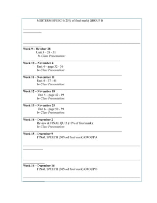 MIDTERM SPEECH (25% of final mark) GROUP B 
____________________________________________________________________________ 
____________ 
____________________________________________________________________________ 
____________ 
Week 9 – October 28 
Unit 3 – 28 - 31 
In-Class Presentation: 
_______________________________________________________________ 
Week 10 – November 4 
Unit 4 – page 32 - 36 
In-Class Presentation: 
________________________________________________________________ 
Week 11 – November 11 
Unit 4 – 37 - 41 
In-Class Presentation: 
________________________________________________________________ 
Week 12 – November 18 
Unit 5 – page 42 - 49 
In-Class Presentation: 
________________________________________________________________ 
Week 13 – November 25 
Unit 6 – page 50 - 59 
In-Class Presentation: 
________________________________________________________________ 
Week 14 – December 2 
Review & FINAL QUIZ (10% of final mark) 
In-Class Presentation: 
________________________________________________________________ 
Week 15 – December 9 
FINAL SPEECH (30% of final mark) GROUP A 
____________________________________________________________________________ 
_____________ 
____________________________________________________________________________ 
______________ 
Week 16 – December 16 
FINAL SPEECH (30% of final mark) GROUP B 
____________________________________________________________________________ 
______________ 
 