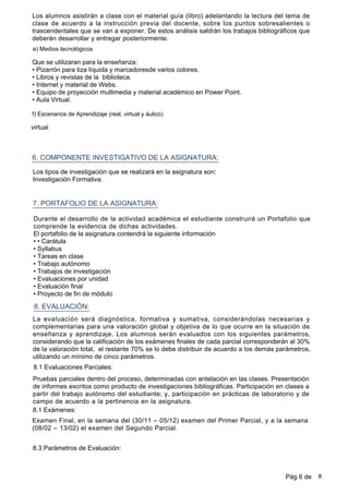 Los alumnos asistirán a clase con el material guía (libro) adelantando la lectura del tema de
clase de acuerdo a la instrucción previa del docente, sobre los puntos sobresalientes o
trascendentales que se van a exponer. De estos análisis saldrán los trabajos bibliográficos que
deberán desarrollar y entregar posteriormente.
Que se utilizaran para la enseñanza:
•Pizarrón para tiza líquida y marcadoresde varios colores.
•Libros y revistas de la biblioteca.
•Internet y material de Webs.
•Equipo de proyección multimedia y material académico en Power Point.
•Aula Virtual.
6. COMPONENTE INVESTIGATIVO DE LA ASIGNATURA:
7. PORTAFOLIO DE LA ASIGNATURA:
Los tipos de investigación que se realizará en la asignatura son:
Investigación Formativa.
e) Medios tecnológicos
Durante el desarrollo de la actividad académica el estudiante construirá un Portafolio que
comprende la evidencia de dichas actividades.
El portafolio de la asignatura contendrá la siguiente información
••Carátula
•Syllabus
•Tareas en clase
•Trabajo autónomo
•Trabajos de investigación
•Evaluaciones por unidad
•Evaluación final
•Proyecto de fin de módulo
8. EVALUACIÓN:
La evaluación será diagnóstica, formativa y sumativa, considerándolas necesarias y
complementarias para una valoración global y objetiva de lo que ocurre en la situación de
enseñanza y aprendizaje. Los alumnos serán evaluados con los siguientes parámetros,
considerando que la calificación de los exámenes finales de cada parcial corresponderán al 30%
de la valoración total, el restante 70% se lo debe distribuir de acuerdo a los demás parámetros,
utilizando un mínimo de cinco parámetros.
8.1 Evaluaciones Parciales:
Pruebas parciales dentro del proceso, determinadas con antelación en las clases. Presentación
de informes escritos como producto de investigaciones bibliográficas. Participación en clases a
partir del trabajo autónomo del estudiante; y, participación en prácticas de laboratorio y de
campo de acuerdo a la pertinencia en la asignatura.
8.1 Exámenes:
Examen Final, en la semana del (30/11 – 05/12) examen del Primer Parcial, y a la semana
(08/02 – 13/02) el examen del Segundo Parcial.
f) Escenarios de Aprendizaje (real, virtual y áulico)
virtual
8.3 Parámetros de Evaluación:
Pág 6 de 8
 