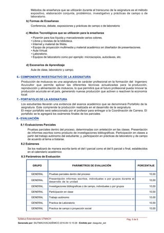 Métodos de enseñanza que se utilizarán durante el transcurso de la asignatura es el método
expositivo, elaboración conjunta, problémico, investigativo y prácticas de campo o de
laboratorio.
b) Formas de Enseñanza
Conferencia, debate, exposiciones y prácticas de campo o de laboratorio
• Pizarrón para tiza líquida y marcadoresde varios colores.
• Libros y revistas de la biblioteca.
• Internet y material de Webs.
• Equipo de proyección multimedia y material académico en diseñador de presentaciones.
• Aula Virtual.
• Laboratorio.
• Equipos de laboratorio como por ejemplo: microscopios, autoclaves, etc.
c) Medios Tecnológicos que se utilizarán para la enseñanza
Aula de clase, laboratorio y campo.
d) Escenarios de Aprendizaje
Producción de moluscos es una asignatura de carácter profesional en la formación del Ingeniero
Acuicultor que permite aplicar las diferentes técnicas actualizadas para la producción,
reproducción y alimentación de moluscos, lo que permitirá que el futuro profesional pueda innovar la
producción acuícola en el país, generando nuevas producción que activen o reactiven la economía
local.
6.- COMPONENTE INVESTIGATIVO DE LA ASIGNATURA
Los estudiantes llevarán una evidencia del avance académico que se denominará Portafolio de la
asignatura. Este comprende la producción realizada en el desarrollo de la asignatura.
El mejor portafolio será seleccionado por el profesor para entregar a la Coordinación de Carrera. El
portafolio se le agregará los exámenes finales de los parciales
7.- PORTAFOLIO DE LA ASIGNATURA
8.- EVALUACIÓN
8.1 Evaluaciones Parciales
Se los realizará de manera escrita tanto el del I parcial como el del II parcial o final, establecidos
en el calendario académico
Pruebas parciales dentro del proceso, determinadas con antelación en las clases. Presentación
de informes escritos como producto de investigaciones bibliográficas. Participación en clases a
partir del trabajo autónomo del estudiante; y, participación en prácticas de laboratorio y de campo
de acuerdo al tema a tratarse.
8.2 Exámenes
PARÁMETROS DE EVALUACIÓN PORCENTAJEGRUPO
Pruebas parciales dentro del procesoGENERAL 10,00
Presentación informes escritos, individuales o por grupos durante el
desarrollo de la unidad
GENERAL 10,00
Investigaciones bibliograficas o de campo, individuales o por gruposGENERAL 10,00
Participación en claseGENERAL 10,00
Trabajo autónomoGENERAL 10,00
Practica de LaboratorioGENERAL 10,00
Practica de campo o proyección socialGENERAL 10,00
8.3 Parámetros de Evaluación
Syllabus Estandarizado UTMACH Pág. 5 de 6
Generado por: SIUTMACH/ACADÉMICO 2016-09-13 10:28 - Emitido por: daaguilar_est
 