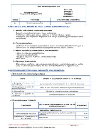 Tema: Revisión de proyecto final
Semanas de Estudio
19/Agosto/2019 - 24/Agosto/2019
Horas CD:3
Horas CAE:0
Horas CAA:0
Horas PPP:0
Horas PPPSC:0
ORDEN ESTRATEGIAS DE APRENDIZAJECONTENIDO
Revisión de proyecto final Exposición01
3.- DESARROLLO DE LA ASIGNATURA EN RELACIÓN AL MODELO PEDAGÓGICO
3.1 Métodos y Técnicas de enseñanza y aprendizaje
Expositivo, mediante conferencias y clases participativas.
Problémico y práctico, para resolver problemas de manera individual o grupal.
Investigativo, para el desarrollo del proyecto final, trabajos autónomos y preparación de temas
de actualidad.
3.2 Formas de enseñanza
Las formas de enseñanza de la asignatura de Nuevas Tecnologías de la Información y de la
Comunicación son de tipo conferencia acompañada de clase práctica y talleres.
• Libros y revistas técnicas de biblioteca.
• Internet y material de la Web.
• Equipo de proyección multimedia y material académico.
• Aula virtual.
3.3 Medios tecnológicos que se utilizaran para la enseñanza
El proceso de enseñanza – aprendizaje se desarrolla en un escenario áulico, para lo cual se
utiliza el Laboratorio de Informática No. 1 de la Unidad Académica de Ingeniería Civil.
3.4 Escenarios de aprendizaje
4.- CRITERIOS NORMATIVOS PARA LA EVALUACIÓN DE LA ASIGNATURA
4.1 Criterio de Evaluación de los Aprendizajes
UNIDAD CRITERIO DE EVALUACIÓN EN FUNCIÓN DE LOS OBJETIVOS
I . E n t o r n o P e r s o n a l d e
A p r e n d i z a j e
Uso correcto de las herramientas dentro de su entorno de aprendizaje
II. Estrategias para la gestión de
la información digital
Utiliza de forma adecuada las plataformas de gestión de información
III. Ofimática Online Identifica las mejores herramientas y aplicaciones
IV. Sistemas de gestión de
Contenidos
Elabora sistemas web con el uso de CMS
PROCEDIMIENTOS ALTERNATIVOS DE EVALUACIÓN
DE LOS APRENDIZAJES
PORCENTAJE
EVALUACIÓN EN EL PROCESO
COMPONENTE
Proyecto de problematización y resolución de problemas
o de casos
COMPONENTE DE DOCENCIA 20,00
Taller práctico
COMPONENTE DE PRÁCTICAS DE
APLICACIÓN Y
10,00
4.2 Procedimientos de Evaluación
Syllabus Estandarizado UTMACH Pág. 11 de 13
Generado por: SIUTMACH/ACADÉMICO 2019-05-07 09:32 - Emitido por: jcelleri
 