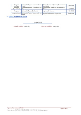 Diploma Superior En Sistemas De Informacion
Empresarial
Postgrado
Diplomado
Universidad Regional Autonoma De Los
Andes
16/03/2011
Especialista En Redes De Comunicación De
Datos
Postgrado
Especialidad
Universidad Regional Autonoma De Los
Andes
17/12/2011
Ingeniera De SistemasPregrado Universidad Tecnica De Machala 13/10/2013
Magister En Informatica Empresarial
Postgrado Maestria Universidad Regional Autonoma De Los
Andes
08/05/2014
7.- FECHA DE PRESENTACIÓN
07 mayo 2019
Fecha de Creación: 16 abril 2019 Fecha de Finalización: 24 abril 2019
Syllabus Estandarizado UTMACH Pág. 13 de 13
Generado por: SIUTMACH/ACADÉMICO 2019-05-07 09:32 - Emitido por: jcelleri
 