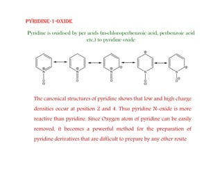 PYRIDINE-1-OXIDE
P idi i idi d b id ( hl b i id b i id
Pyridine is oxidised by per acids (m-chloroperbenzoic acid, perbenzoic acid
etc.) to pyridine oxide
N N N N N
O O O O O
The canonical structures of pyridine shows that low and high charge
densities occur at position 2 and 4. Thus pyridine N-oxide is more
ti th idi Si O t f idi b il
reactive than pyridine. Since Oxygen atom of pyridine can be easily
removed, it becomes a powerful method for the preparation of
pyridine derivatives that are difficult to prepare by any other route
pyridine derivatives that are difficult to prepare by any other route
 