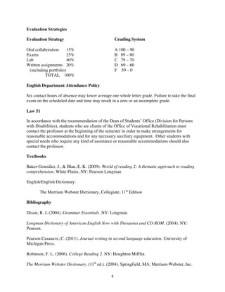 Evaluation Strategies

Evaluation Strategy                                 Grading System

Oral collaboration     15%                          A 100 – 90
Exams                  25%                          B 89 – 80
Lab                    40%                          C 79 – 70
Written assignments 20%                             D 69 – 60
 (including portfolio)                              F 59 – 0
           TOTAL 100%

English Department Attendance Policy

Six contact hours of absence may lower average one whole letter grade. Failure to take the final
exam on the scheduled date and time may result in a zero or an incomplete grade.

Law 51

In accordance with the recommendation of the Dean of Students’ Office (Division for Persons
with Disabilities), students who are clients of the Office of Vocational Rehabilitation must
contact the professor at the beginning of the semester in order to make arrangements for
reasonable accommodations and for any necessary auxiliary equipment. Other students with
special needs who require any kind of assistance or reasonable accommodations should also
contact the professor.

Textbooks

Baker-González, J., & Blau, E. K. (2009). World of reading 2: A thematic approach to reading
comprehension. White Plains, NY: Pearson Longman

English/English Dictionary:

       The Merriam Webster Dictionary, Collegiate, 11th Edition

Bibliography

Dixon, R. J. (2004). Grammar Essentials. NY: Longman.

Longman Dictionary of American English Now with Thesaurus and CD ROM. (2004). NY:
Pearson.

Pearson Casanave, C. (2011). Journal writing in second language education. University of
Michigan Press.

Robinson, F. L. (2006). College Reading 2. NY: Houghton Mifflin.

The Merriam-Webster Dictionary. (11th ed.). (2004). Springfield, MA: Merriam-Webster, Inc.

                                                4
 