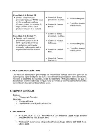 Capacidad de la Unidad III:
         ·= aomána las íécnácas del                  ·= Conírol de qemas
                                                                                   ·= mrácíácas aárágádas.
            érocesador de íexíos tloa en un             éreseníados en Clase.
            nável avanzado éara elaborar
                                                                                   ·= Conírol de Avances
            dáversos íáéos de documeníos de          ·= Conírol de bxamen
            mejor caládadI usando casos                                               en iaboraíoráo.
                                                        marcáal.
            érácíácos íomados de la realádad.

                                                     ·= Conírol de qemas
        Capacidad de la Unidad IV:                      éreseníados en Clase.
         ·= aomána las íécnácas del
            éreseníador gráfáco mltbo                ·= Conírol de mrácíáca
            mlfNq éara el desarrollo de                 Caláfácada.                ·= mrácíácas aárágádas.
            éreseníacáones mulíámedáaI
            creándolas en forma adecuada ó
                                                                                   ·= Conírol de Avances
            aságnándoles dáversos aírábuíos.         ·= Conírol de bxamen
                                                                                      en iaboraíoráo.
                                                        cánal.


                                                     ·= Conírol de bxamen
                                                        pusíáíuíoráo.
=
=
=
          =
    T. molCbafMfbNTlp afaÁCTfClp=
       =
       ias= clases= se= desarrollarán= éreseníando= los= Ñundameníos= íeórácos= necesaráos= éara= que= el=
       alumno=éueda=lograr=el=objeíávo=del=curso.=pe=esíámulará=la= éaríácáéacáón=acíáva=del=alumnoI=
       medáaníe= el= desarrollo= de= seéaraíasI= guías= de= laboraíoráo= ó= írabajos= érácíácosI= los= que= se=
       desarrollarán=en=el=laboraíoráo=de=cóméuío.=bsío=le=éermáíárá=al=alumno=usar=las=herramáenías=
       aérendádas=en=clase=éara=el=desarrollo=de=casos.=
       =
=
=
    U. bnrfmlp v MATbofAibp=
       =
       bquáéosW=
          o qelevásor=óLo=mroóecíor=
       jaíeráalesW=
          o mlumón=ó=mázarra=
          o= peéaraía=del=curso.=bjercácáos=mrácíácos=
          =
          =
=
    V. _f_ifldoAcfA
    =
          ·= fNqolarCCflN= = A= = iA= = fNclojAqfCA.= woe= mlasencáa= ioéezI= druéo= bdáíoráal=
             Anaóa=julíámedáaI=Nera.=bdácáón=OMMU.=
=
            ·= tándows=umW=duía=qeóráca=ó=puéuesíos=oÑámáíácosI=druéo=bdáíoráal=Cbm=OMMUI=N=era.=
               bdácáón=OMMU.=


                                                         N
                                                         M
 