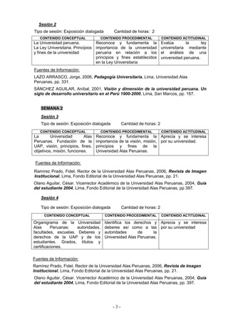 Sesión 2
Tipo de sesión: Exposición dialogada       Cantidad de horas: 2
   CONTENIDO CONCEPTUAL              CONTENIDO PROCEDIMENTAL            CONTENIDO ACTITUDINAL
La Universidad peruana.          Reconoce y fundamenta la               Evalúa       la      ley
La Ley Universitaria. Principios importancia de la universidad          universitaria mediante
y fines de la universidad        peruana en relación a los              el análisis de una
                                 principios y fines establecidos        universidad peruana.
                                 en la Ley Universitaria
Fuentes de Información:
LAZO ARRASCO, Jorge, 2006, Pedagogía Universitaria, Lima, Universidad Alas
Peruanas, pp. 331.
SÁNCHEZ AGUILAR, Aníbal, 2001, Visión y dimensión de la universidad peruana. Un
siglo de desarrollo universitario en el Perú 1900-2000, Lima, San Marcos, pp. 167.


    SEMANA 2
    Sesión 3
    Tipo de sesión: Exposición dialogada         Cantidad de horas: 2
   CONTENIDO CONCEPTUAL              CONTENIDO PROCEDIMENTAL            CONTENIDO ACTITUDINAL
La       Universidad       Alas   Reconoce y fundamenta la Aprecia y se interesa
Peruanas. Fundación de la         importancia de la visión, misión, por su universidad.
UAP, visión, principios, fines,   principios y fines de la
objetivos, misión, funciones.     Universidad Alas Peruanas.

 Fuentes de Información:
Ramírez Prado, Fidel. Rector de la Universidad Alas Peruanas, 2006, Revista de Imagen
Institucional, Lima, Fondo Editorial de la Universidad Alas Peruanas, pp. 21.
Olano Aguilar, César. Vicerrector Académico de la Universidad Alas Peruanas, 2004, Guía
del estudiante 2004, Lima, Fondo Editorial de la Universidad Alas Peruanas, pp 397.

    Sesión 4

    Tipo de sesión: Exposición dialogada         Cantidad de horas: 2
     CONTENIDO CONCEPTUAL              CONTENIDO PROCEDIMENTAL          CONTENIDO ACTITUDINAL

Organigrama de la Universidad          Identifica los derechos y Aprecia y se interesa
Alas      Peruanas:   autoridades,     deberes así como a las por su universidad
facultades, escuelas. Deberes y        autoridades      de     la
derechos de la UAP y de los            Universidad Alas Peruanas.
estudiantes. Grados, títulos y
certificaciones.

Fuentes de Información:
Ramírez Prado, Fidel. Rector de la Universidad Alas Peruanas, 2006, Revista de Imagen
Institucional, Lima, Fondo Editorial de la Universidad Alas Peruanas, pp. 21.
Olano Aguilar, César. Vicerrector Académico de la Universidad Alas Peruanas, 2004, Guía
del estudiante 2004, Lima, Fondo Editorial de la Universidad Alas Peruanas, pp. 397.




                                           -3-
 