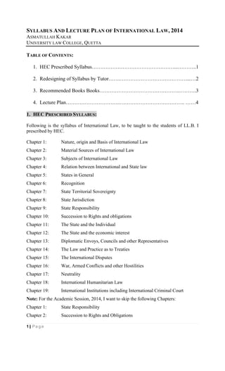 1 | Pa g e
SYLLABUS AND LECTURE PLAN OF INTERNATIONAL LAW, 2014
ASMATULLAH KAKAR
UNIVERSITY LAW COLLEGE, QUETTA
TABLE OF CONTENTS:
1. HEC Prescribed Syllabus…………………………………………...………..1
2. Redesigning of Syllabus by Tutor…….…………………………………...…2
3. Recommended Books Books………………………………………..……….3
4. Lecture Plan…………………………..……………………………….. ……4
1. HEC PRESCRIBED SYLLABUS:
Following is the syllabus of International Law, to be taught to the students of LL.B. I
prescribed by HEC.
Chapter 1: Nature, origin and Basis of International Law
Chapter 2: Material Sources of International Law
Chapter 3: Subjects of International Law
Chapter 4: Relation between International and State law
Chapter 5: States in General
Chapter 6: Recognition
Chapter 7: State Territorial Sovereignty
Chapter 8: State Jurisdiction
Chapter 9: State Responsibility
Chapter 10: Succession to Rights and obligations
Chapter 11: The State and the Individual
Chapter 12: The State and the economic interest
Chapter 13: Diplomatic Envoys, Councils and other Representatives
Chapter 14: The Law and Practice as to Treaties
Chapter 15: The International Disputes
Chapter 16: War, Armed Conflicts and other Hostilities
Chapter 17: Neutrality
Chapter 18: International Humanitarian Law
Chapter 19: International Institutions including International Criminal Court
Note: For the Academic Session, 2014, I want to skip the following Chapters:
Chapter 1: State Responsibility
Chapter 2: Succession to Rights and Obligations
 