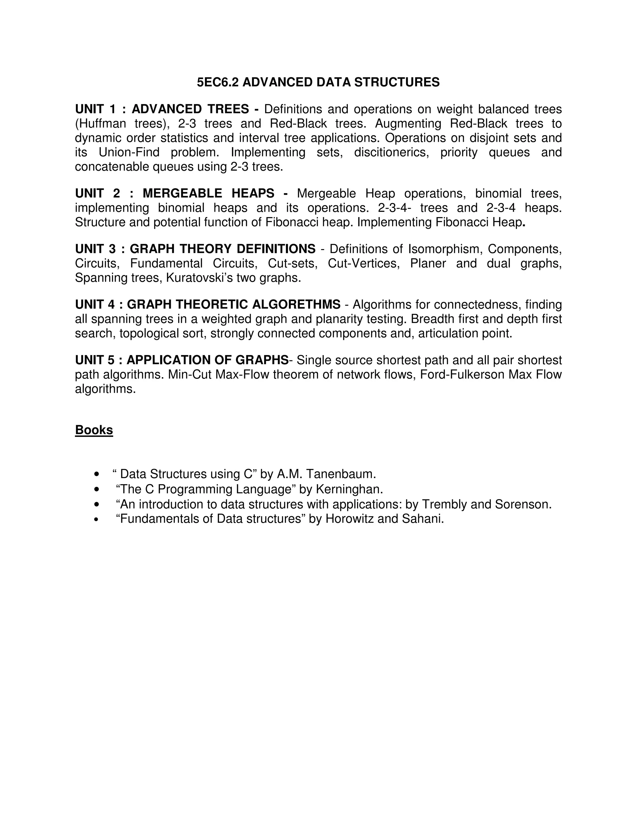 5EC6.2 ADVANCED DATA STRUCTURES

UNIT 1 : ADVANCED TREES - Definitions and operations on weight balanced trees
(Huffman trees), 2-3 trees and Red-Black trees. Augmenting Red-Black trees to
dynamic order statistics and interval tree applications. Operations on disjoint sets and
its Union-Find problem. Implementing sets, discitionerics, priority queues and
concatenable queues using 2-3 trees.

UNIT 2 : MERGEABLE HEAPS - Mergeable Heap operations, binomial trees,
implementing binomial heaps and its operations. 2-3-4- trees and 2-3-4 heaps.
Structure and potential function of Fibonacci heap. Implementing Fibonacci Heap.

UNIT 3 : GRAPH THEORY DEFINITIONS - Definitions of Isomorphism, Components,
Circuits, Fundamental Circuits, Cut-sets, Cut-Vertices, Planer and dual graphs,
Spanning trees, Kuratovski’s two graphs.

UNIT 4 : GRAPH THEORETIC ALGORETHMS - Algorithms for connectedness, finding
all spanning trees in a weighted graph and planarity testing. Breadth first and depth first
search, topological sort, strongly connected components and, articulation point.

UNIT 5 : APPLICATION OF GRAPHS- Single source shortest path and all pair shortest
path algorithms. Min-Cut Max-Flow theorem of network flows, Ford-Fulkerson Max Flow
algorithms.


Books


   •   “ Data Structures using C” by A.M. Tanenbaum.
   •    “The C Programming Language” by Kerninghan.
   •    “An introduction to data structures with applications: by Trembly and Sorenson.
   •    “Fundamentals of Data structures” by Horowitz and Sahani.
 