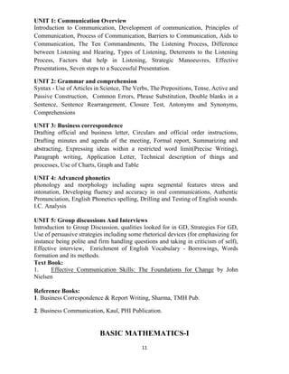 11
UNIT 1: Communication Overview
Introduction to Communication, Development of communication, Principles of
Communication, Process of Communication, Barriers to Communication, Aids to
Communication, The Ten Commandments, The Listening Process, Difference
between Listening and Hearing, Types of Listening, Deterrents to the Listening
Process, Factors that help in Listening, Strategic Manoeuvres, Effective
Presentations, Seven steps to a Successful Presentation.
UNIT 2: Grammar and comprehension
Syntax - Use of Articles in Science, The Verbs, The Prepositions, Tense, Active and
Passive Construction, Common Errors, Phrase Substitution, Double blanks in a
Sentence, Sentence Rearrangement, Closure Test, Antonyms and Synonyms,
Comprehensions
UNIT 3: Business correspondence
Drafting official and business letter, Circulars and official order instructions,
Drafting minutes and agenda of the meeting, Formal report, Summarizing and
abstracting, Expressing ideas within a restricted word limit(Precise Writing),
Paragraph writing, Application Letter, Technical description of things and
processes, Use of Charts, Graph and Table
UNIT 4: Advanced phonetics
phonology and morphology including supra segmental features stress and
intonation, Developing fluency and accuracy in oral communications, Authentic
Pronunciation, English Phonetics spelling, Drilling and Testing of English sounds.
I.C. Analysis
UNIT 5: Group discussions And Interviews
Introduction to Group Discussion, qualities looked for in GD, Strategies For GD,
Use of persuasive strategies including some rhetorical devices (for emphasizing for
instance being polite and firm handling questions and taking in criticism of self),
Effective interview, Enrichment of English Vocabulary - Borrowings, Words
formation and its methods.
Text Book:
1. Effective Communication Skills: The Foundations for Change by John
Nielsen
Reference Books:
1. Business Correspondence & Report Writing, Sharma, TMH Pub.
2. Business Communication, Kaul, PHI Publication.
BASIC MATHEMATICS-I
 
