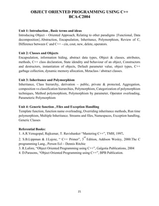 21
OBJECT ORIENTED PROGRAMMING USING C++
BCA-C2004
Unit 1: Introduction , Basic terms and ideas
Introducing Object – Oriented Approach, Relating to other paradigms {Functional, Data
decomposition}.Abstraction, Encapsulation, Inheritance, Polymorphism, Review of C,
Difference between C and C++ - cin, cout, new, delete, operators.
Unit 2: Classes and Objects
Encapsulation, information hiding, abstract data types, Object & classes, attributes,
methods, C++ class declaration, State idendity and behaviour of an object, Constructors
and destructors, instantiation of objects, Default parameter value, object types, C++
garbage collection, dynamic memory allocation, Metaclass / abstract classes.
Unit 3: Inheritance and Polymorphism
Inheritance, Class hierarchy, derivation – public, private & protected, Aggregation,
composition vs classification hierarchies, Polymorphism, Categorization of polymorphism
techniques, Method polymorphism, Polymorphism by parameter, Operator overloading,
Parameteric Polymorphism
Unit 4: Generic function , Files and Exception Handling
Template function, function name overloading, Overriding inheritance methods, Run time
polymorphism, Multiple Inheritance. Streams and files, Namespaces, Exception handling,
Generic Classes
Referential Books:
1. A.R.Venugopal, Rajkumar, T. Ravishanker “Mastering C++”, TMH, 1997.
2. S.B.Lippman & J.Lajoie, “ C++ Primer”, 3
rd
Edition, Addison Wesley, 2000.The C
programming Lang., Person Ecl – Dennis Ritchie
3. R.Lafore, “Object Oriented Programming using C++”, Galgotia Publications, 2004
4. D.Parasons, “Object Oriented Programming using C++”, BPB Publication.
 