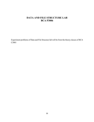 30
DATA AND FILE STRUCTURE LAB
BCA P3006
Experiment problems of Data and File Structure lab will be from the theory classes of BCA
C3001
 