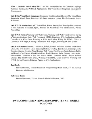 35
Unit 1: Essential Visual Basic.NET: The .NET Framework and the Common Language
Runtime, Building the VB.NET Applications, The Visual Basic Integrated Development
Environment.
Unit 2:The Visual Basic Language: Operators, Conditionals and Loops: The Visual basic
Keywords, Visual Basic Statement, All about statement syntax, The Options and Import
Statements.
Unit 3:.NET Assemblies.: .NET Assemblies, Shared Assemblies, Side-By-Side execution
of two versions of SharedObject, Benefits of Assemblies over Predecessors, Private
Assemblies
Unit 4:Web Forms: Working with Web Forms, Working with Web Form Controls, Saving
a Web Application’s State, Web Forms and HTML, Creating a Web Application, Adding
Controls to a Web Form, Running a Web Application, Using the HTML Editor to
Customize Web Pages, Creating a Multiform Web Project, Handling a Client Events.
Unit 5:Web Forms: Buttons, Text Boxes, Labels, Literals and Place Holders: The Control
Class, The Web Control Class, Creating Buttons, Creating Text Boxes, Creating Labels,
Creating Literals, Creating Place Holders. Web Forms: Checkboxes, Radio Buttons, Tables
and Panels: Checkboxes, Checkboxes Lists, Radio Buttons, Radio Buttons Lists, tables ,
Panels.HTML Controls: Client and Server HTML Controls, HTML Server Control
Classes, The Html Control Class, Working with HTML Client Controls, Working with
HTML Server Controls. Database Access in Web Applications.
Text Book:
1. Steven Holizner, Visual Basic.NET Programming Black Book, 5TH
Ed. (2007),
Dreamtech Publication.
Reference Books:
1. Dinesh Maidasani, VB.net, Firewall Media Publication, 2007.
DATA COMMUNICATIONS AND COMPUTER NETWORKS
BCA-C4005
 