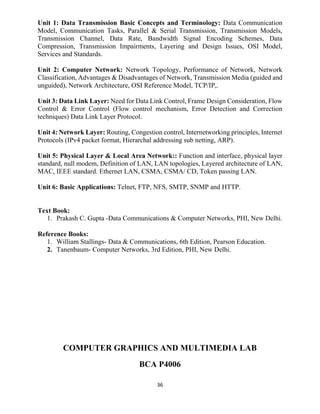 36
Unit 1: Data Transmission Basic Concepts and Terminology: Data Communication
Model, Communication Tasks, Parallel & Serial Transmission, Transmission Models,
Transmission Channel, Data Rate, Bandwidth Signal Encoding Schemes, Data
Compression, Transmission Impairments, Layering and Design Issues, OSI Model,
Services and Standards.
Unit 2: Computer Network: Network Topology, Performance of Network, Network
Classification, Advantages & Disadvantages of Network, Transmission Media (guided and
unguided), Network Architecture, OSI Reference Model, TCP/IP,.
Unit 3: Data Link Layer: Need for Data Link Control, Frame Design Consideration, Flow
Control & Error Control (Flow control mechanism, Error Detection and Correction
techniques) Data Link Layer Protocol.
Unit 4: Network Layer: Routing, Congestion control, Internetworking principles, Internet
Protocols (IPv4 packet format, Hierarchal addressing sub netting, ARP).
Unit 5: Physical Layer & Local Area Network:: Function and interface, physical layer
standard, null modem, Definition of LAN, LAN topologies, Layered architecture of LAN,
MAC, IEEE standard. Ethernet LAN, CSMA, CSMA/ CD, Token passing LAN.
Unit 6: Basic Applications: Telnet, FTP, NFS, SMTP, SNMP and HTTP.
Text Book:
1. Prakash C. Gupta -Data Communications & Computer Networks, PHI, New Delhi.
Reference Books:
1. William Stallings- Data & Communications, 6th Edition, Pearson Education.
2. Tanenbaum- Computer Networks, 3rd Edition, PHI, New Delhi.
COMPUTER GRAPHICS AND MULTIMEDIA LAB
BCA P4006
 