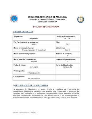 UNIVERSIDAD TÉCNICA DE MACHALA
FACULTAD DE CIENCIAS QUÍMICAS Y DE LA SALUD
CARRERA DE ENFERMERÍA

SYLLABUS ESTANDARIZADO
1.- DATOS GENERALES
Asignatura:
Bioquímica

Código de la Asignatura:
2.4.2.1.6.2

Eje Curricular de la Asignatura
Básica

Año:

Horas presenciales teoría:
5 horas /semana y 80 horas/total

Ciclo/Nivel:

Horas presenciales práctica:

Número de créditos:
5

Horas atención a estudiantes:
Ninguna

Horas trabajo autónomo:
5

Fecha de Inicio:

Fecha de Finalización:
2014-02-28

2013-14-10

2013
I nivel

Prerrequisitos:
Sin prerrequisitos
Correquisitos:
Sin correquisitos

2.- JUSTIFICACION DE LA ASIGNATURA
La asignatura de Bioquímica es básica, brinda al estudiante de Enfermería los
conocimientos bioquímicos esenciales que servirán para Comprender e interpretar los
cambios a nivel molecular en el ser humano y su proyección clínica. Asimismo, revisa los
principios fundamentales de la nutrición y los Efectos que en el ser humano produce la
deficiencia nutricional, orientándolo hacia los Aspectos sociales y clínicos de la nutrición.

Syllabus Estandarizado-UTMACH| 1

 