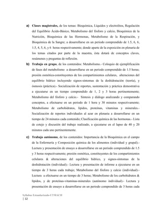a) Clases magistrales, de los temas: Bioquímica, Líquidos y electrolitos, Regulación
del Equilibrio Ácido-Básico, Metabolismo del fósforo y calcio, Bioquímica de la
Nutrición, Bioquímica de las Hormonas, Metabolismo de la Respiración, y
Bioquímica de la Sangre; a desarrollarse en un periodo comprendido de 1.5, 6, 6,
1.5, 4, 5, 6, y 6 horas respectivamente; donde aparte de la exposición en plenaria de
los temas citados por parte de la maestra, ésta dotará de conceptos claves,
resúmenes y preguntas de reflexión.
b) Trabajo en grupo, de los contenidos: Metabolismo.- Coloquio de ejemplificación
de fases del metabolismo a desarrollarse en un periodo comprendido de 1.5 horas;
presión osmótica-constituyentes de los compartimientos celulares, alteraciones del
equilibrio hídrico incluyendo signos-síntomas de la deshidratación (teoría), y
ósmosis (práctica).- Socialización de reportes, sustentación y práctica demostrativa
a ejecutarse en un tiempo comprendido de 1, 2 y 3 horas pertinentemente;
Metabolismo del fósforo y calcio.- Síntesis y diálogo analizando y comparando
conceptos, a efectuarse en un periodo de 1 hora y 30 minutos respectivamente;
Metabolismo de carbohidratos, lípidos, proteínas, vitaminas y minerales.Socialización de reportes individuales al azar en plenaria a desarrollarse en un
tiempo de 24 minutos cada contenido; Clasificación química de las hormonas.- Lista
de cotejo y discusión del trabajo realizado, a ejecutarse en el lapso de 40 y 20
minutos cada uno pertinentemente.
c) Trabajo autónomo, de los contenidos: Importancia de la Bioquímica en el campo
de la Enfermería y Composición química de los alimentos (individual y grupal).Lectura y presentación de ensayo a desarrollarse en un periodo comprendido de 1.5
y 3 horas respectivamente; presión osmótica, constituyentes de los compartimientos
celulares & alteraciones del equilibrio hídrico, y signos-síntomas de la
deshidratación (individual).- Lectura y presentación de informe a ejecutarse en un
tiempo de 3 horas cada trabajo; Metabolismo del fósforo y calcio (individual).Lectura a efectuarse en un tiempo de 3 horas; Metabolismo de los carbohidratos &
lípidos, y de proteínas-vitaminas-minerales (autónomo individual).- Lectura y
presentación de ensayo a desarrollarse en un periodo comprendido de 3 horas cada
Syllabus Estandarizado-UTMACH

| 12

 