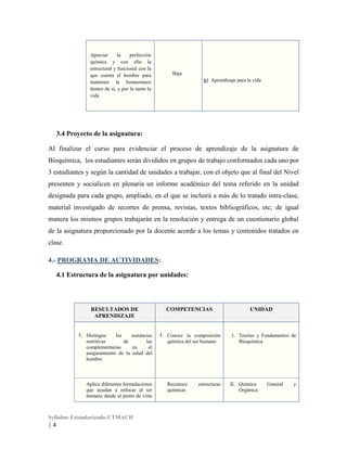 Apreciar
la
perfección
química y con ello la
estructural y funcional con la
que cuenta el hombre para
mantener la homeostasis
dentro de sí, y por lo tanto la
vida

Baja
g) Aprendizaje para la vida

3.4 Proyecto de la asignatura:
Al finalizar el curso para evidenciar el proceso de aprendizaje de la asignatura de
Bioquímica, los estudiantes serán divididos en grupos de trabajo conformados cada uno por
3 estudiantes y según la cantidad de unidades a trabajar, con el objeto que al final del Nivel
presenten y socialicen en plenaria un informe académico del tema referido en la unidad
designada para cada grupo, ampliado, en el que se incluirá a más de lo tratado intra-clase,
material investigado de recortes de prensa, revistas, textos bibliográficos, etc; de igual
manera los mismos grupos trabajarán en la resolución y entrega de un cuestionario global
de la asignatura proporcionado por la docente acorde a los temas y contenidos tratados en
clase.
4.- PROGRAMA DE ACTIVIDADES:
4.1 Estructura de la asignatura por unidades:

RESULTADOS DE
APRENDIZAJE

COMPETENCIAS

1. Distingue
las
sustancias
nutritivas
de
las
complementarias
en
el
aseguramiento de la salud del
hombre

1. Conoce la composición
química del ser humano

Aplica diferentes formulaciones
que ayudan a enfocar al ser
humano desde el punto de vista

Syllabus Estandarizado-UTMACH

|4

Reconoce
químicas

estructuras

UNIDAD

I. Teorías y Fundamentos de
Bioquímica

II. Química
Orgánica

General

y

 