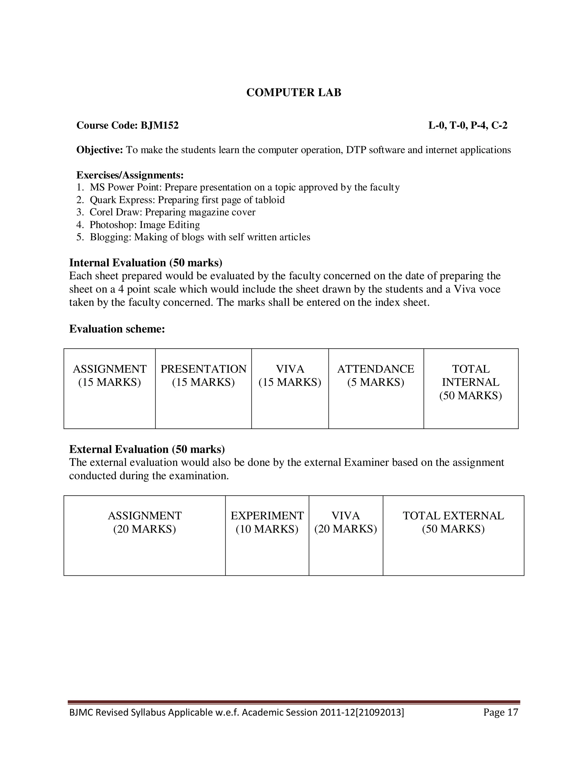 BJMC Revised Syllabus Applicable w.e.f. Academic Session 2011-12[21092013] Page 17
COMPUTER LAB
Course Code: BJM152 L-0, T-0, P-4, C-2
Objective: To make the students learn the computer operation, DTP software and internet applications
Exercises/Assignments:
1. MS Power Point: Prepare presentation on a topic approved by the faculty
2. Quark Express: Preparing first page of tabloid
3. Corel Draw: Preparing magazine cover
4. Photoshop: Image Editing
5. Blogging: Making of blogs with self written articles
Internal Evaluation (50 marks)
Each sheet prepared would be evaluated by the faculty concerned on the date of preparing the
sheet on a 4 point scale which would include the sheet drawn by the students and a Viva voce
taken by the faculty concerned. The marks shall be entered on the index sheet.
Evaluation scheme:
ASSIGNMENT
(15 MARKS)
PRESENTATION
(15 MARKS)
VIVA
(15 MARKS)
ATTENDANCE
(5 MARKS)
TOTAL
INTERNAL
(50 MARKS)
External Evaluation (50 marks)
The external evaluation would also be done by the external Examiner based on the assignment
conducted during the examination.
ASSIGNMENT
(20 MARKS)
EXPERIMENT
(10 MARKS)
VIVA
(20 MARKS)
TOTAL EXTERNAL
(50 MARKS)
 