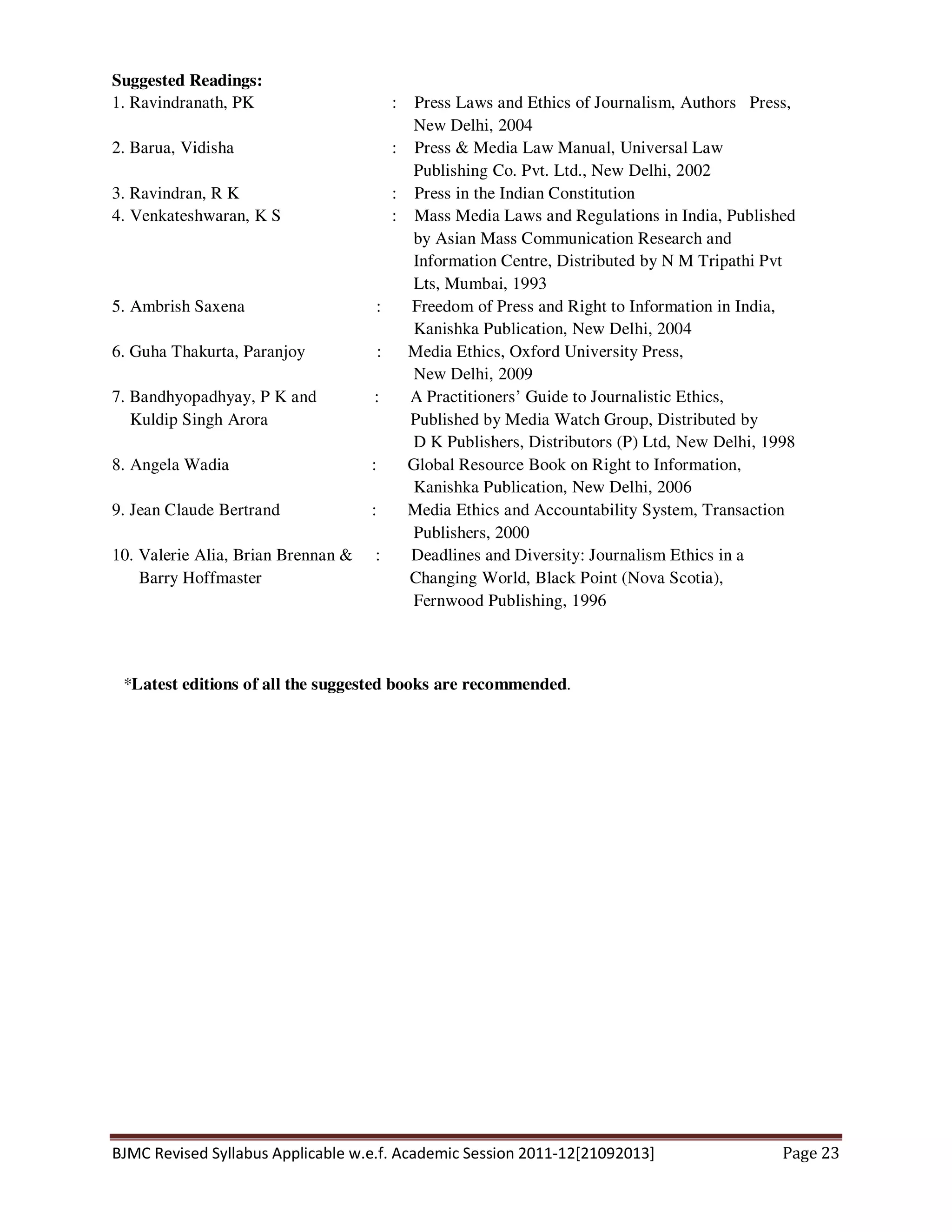 BJMC Revised Syllabus Applicable w.e.f. Academic Session 2011-12[21092013] Page 23
Suggested Readings:
1. Ravindranath, PK : Press Laws and Ethics of Journalism, Authors Press,
New Delhi, 2004
2. Barua, Vidisha : Press & Media Law Manual, Universal Law
Publishing Co. Pvt. Ltd., New Delhi, 2002
3. Ravindran, R K : Press in the Indian Constitution
4. Venkateshwaran, K S : Mass Media Laws and Regulations in India, Published
by Asian Mass Communication Research and
Information Centre, Distributed by N M Tripathi Pvt
Lts, Mumbai, 1993
5. Ambrish Saxena : Freedom of Press and Right to Information in India,
Kanishka Publication, New Delhi, 2004
6. Guha Thakurta, Paranjoy : Media Ethics, Oxford University Press,
New Delhi, 2009
7. Bandhyopadhyay, P K and : A Practitioners’ Guide to Journalistic Ethics,
Kuldip Singh Arora Published by Media Watch Group, Distributed by
D K Publishers, Distributors (P) Ltd, New Delhi, 1998
8. Angela Wadia : Global Resource Book on Right to Information,
Kanishka Publication, New Delhi, 2006
9. Jean Claude Bertrand : Media Ethics and Accountability System, Transaction
Publishers, 2000
10. Valerie Alia, Brian Brennan & : Deadlines and Diversity: Journalism Ethics in a
Barry Hoffmaster Changing World, Black Point (Nova Scotia),
Fernwood Publishing, 1996
*Latest editions of all the suggested books are recommended.
 