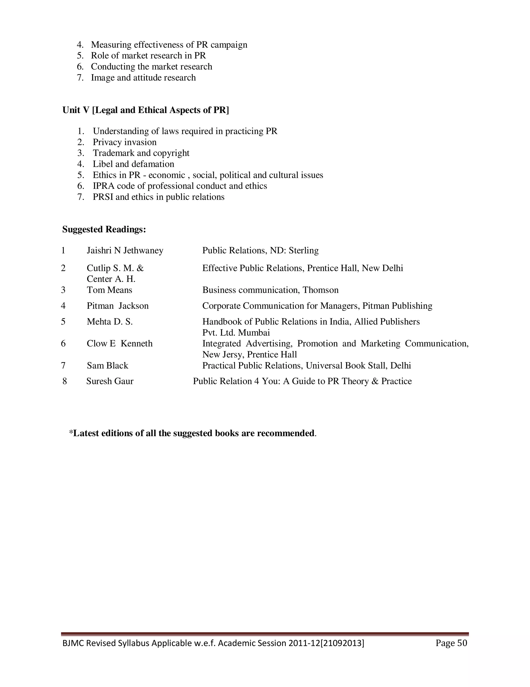 BJMC Revised Syllabus Applicable w.e.f. Academic Session 2011-12[21092013] Page 50
4. Measuring effectiveness of PR campaign
5. Role of market research in PR
6. Conducting the market research
7. Image and attitude research
Unit V [Legal and Ethical Aspects of PR]
1. Understanding of laws required in practicing PR
2. Privacy invasion
3. Trademark and copyright
4. Libel and defamation
5. Ethics in PR - economic , social, political and cultural issues
6. IPRA code of professional conduct and ethics
7. PRSI and ethics in public relations
Suggested Readings:
1 Jaishri N Jethwaney Public Relations, ND: Sterling
2 Cutlip S. M. &
Center A. H.
Effective Public Relations, Prentice Hall, New Delhi
3 Tom Means Business communication, Thomson
4 Pitman Jackson Corporate Communication for Managers, Pitman Publishing
5 Mehta D. S. Handbook of Public Relations in India, Allied Publishers
Pvt. Ltd. Mumbai
6 Clow E Kenneth Integrated Advertising, Promotion and Marketing Communication,
New Jersy, Prentice Hall
7 Sam Black Practical Public Relations, Universal Book Stall, Delhi
8 Suresh Gaur Public Relation 4 You: A Guide to PR Theory & Practice
*Latest editions of all the suggested books are recommended.
 