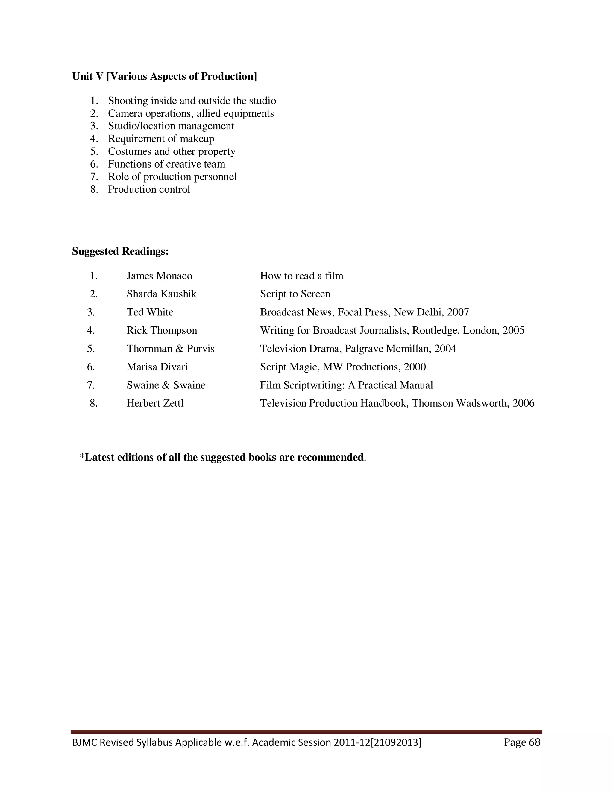 BJMC Revised Syllabus Applicable w.e.f. Academic Session 2011-12[21092013] Page 68
Unit V [Various Aspects of Production]
1. Shooting inside and outside the studio
2. Camera operations, allied equipments
3. Studio/location management
4. Requirement of makeup
5. Costumes and other property
6. Functions of creative team
7. Role of production personnel
8. Production control
Suggested Readings:
1. James Monaco How to read a film
2. Sharda Kaushik Script to Screen
3. Ted White Broadcast News, Focal Press, New Delhi, 2007
4. Rick Thompson Writing for Broadcast Journalists, Routledge, London, 2005
5. Thornman & Purvis Television Drama, Palgrave Mcmillan, 2004
6. Marisa Divari Script Magic, MW Productions, 2000
7. Swaine & Swaine Film Scriptwriting: A Practical Manual
8. Herbert Zettl Television Production Handbook, Thomson Wadsworth, 2006
*Latest editions of all the suggested books are recommended.
 
