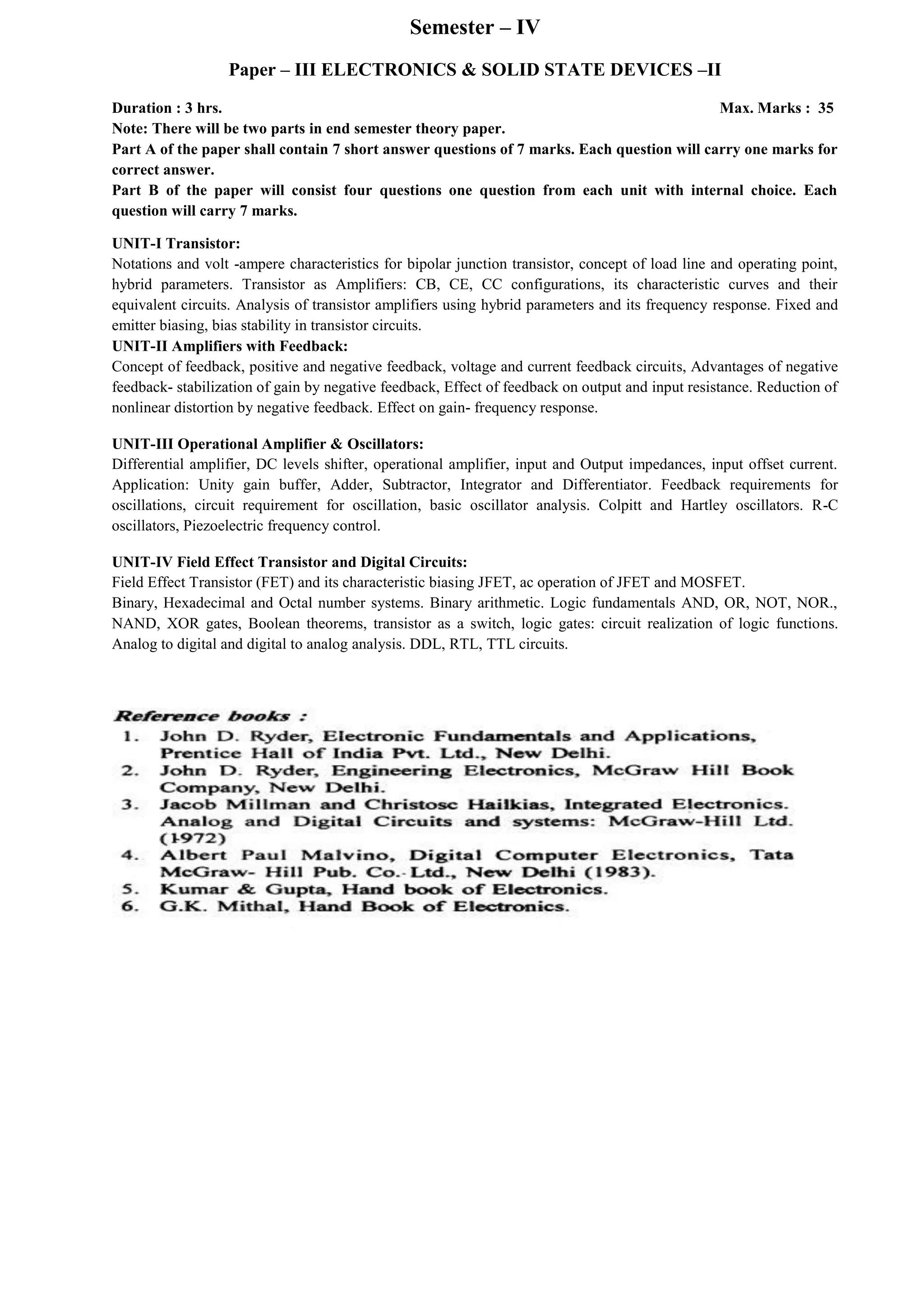Semester – IV
Paper – III ELECTRONICS & SOLID STATE DEVICES –II
Duration : 3 hrs. Max. Marks : 35
Note: There will be two parts in end semester theory paper.
Part A of the paper shall contain 7 short answer questions of 7 marks. Each question will carry one marks for
correct answer.
Part B of the paper will consist four questions one question from each unit with internal choice. Each
question will carry 7 marks.
UNIT-I Transistor:
Notations and volt -ampere characteristics for bipolar junction transistor, concept of load line and operating point,
hybrid parameters. Transistor as Amplifiers: CB, CE, CC configurations, its characteristic curves and their
equivalent circuits. Analysis of transistor amplifiers using hybrid parameters and its frequency response. Fixed and
emitter biasing, bias stability in transistor circuits.
UNIT-II Amplifiers with Feedback:
Concept of feedback, positive and negative feedback, voltage and current feedback circuits, Advantages of negative
feedback- stabilization of gain by negative feedback, Effect of feedback on output and input resistance. Reduction of
nonlinear distortion by negative feedback. Effect on gain- frequency response.
UNIT-III Operational Amplifier & Oscillators:
Differential amplifier, DC levels shifter, operational amplifier, input and Output impedances, input offset current.
Application: Unity gain buffer, Adder, Subtractor, Integrator and Differentiator. Feedback requirements for
oscillations, circuit requirement for oscillation, basic oscillator analysis. Colpitt and Hartley oscillators. R-C
oscillators, Piezoelectric frequency control.
UNIT-IV Field Effect Transistor and Digital Circuits:
Field Effect Transistor (FET) and its characteristic biasing JFET, ac operation of JFET and MOSFET.
Binary, Hexadecimal and Octal number systems. Binary arithmetic. Logic fundamentals AND, OR, NOT, NOR.,
NAND, XOR gates, Boolean theorems, transistor as a switch, logic gates: circuit realization of logic functions.
Analog to digital and digital to analog analysis. DDL, RTL, TTL circuits.
 
