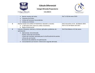 Cálculo Diferencial
Colegio Miranda Preparatoria
Ciclo 2018-III
 Noción intuitiva de límite.
 Teoremas de límites.
 Límites de funciones trascendentes.
 Límites en el infinito
Del 7 al 18 de enero 2019.
3 Analiza razones de cambio en fenómenos naturales y sociales.
 La derivada como razón de cambio instantáneo.
 Reglas de derivación.
Del 21 de enero al 1ro. de febrero 2019.
Del 4 al 22 de febrero del 2017.
4 Calcula e interpreta máximos y mínimos aplicados a problemas de
optimización
 Aplicaciones de la derivada:
Puntos críticos de una función.
Criterio de la primera derivada para la clasificación de los puntos
críticos de una función.
Resolución de problemas de optimización.
 Concavidad de una función: Criterio de la segunda derivada.
Del 25 de febrero al 12 de marzo.
 