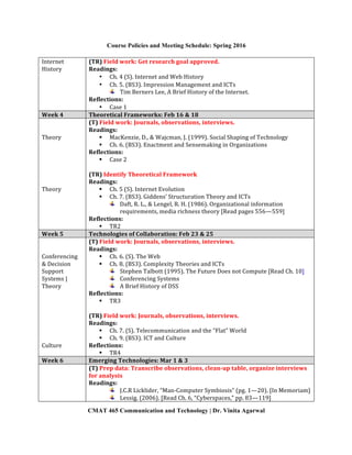 Course Policies and Meeting Schedule: Spring 2016
	
CMAT 465 Communication and Technology | Dr. Vinita Agarwal
Internet	
History	
(TR)	Field	work:	Get	research	goal	approved.	
Readings:		
• Ch.	4	(S).	Internet	and	Web	History	
• Ch.	5.	(BS3).	Impression	Management	and	ICTs	
Tim	Berners	Lee,	A	Brief	History	of	the	Internet.		
Reflections:		
• Case	1	
Week	4	 Theoretical	Frameworks:	Feb	16	&	18	
	
	
Theory	
	
	
	
	
	
	
Theory		
(T)	Field	work:	Journals,	observations,	interviews.	
Readings:		
§ MacKenzie,	D.,	&	Wajcman,	J.	(1999).	Social	Shaping	of	Technology		
§ Ch.	6.	(BS3).	Enactment	and	Sensemaking	in	Organizations		
Reflections:		
§ Case	2	
	
(TR)	Identify	Theoretical	Framework	
Readings:		
§ Ch.	5	(S).	Internet	Evolution	
§ Ch.	7.	(BS3).	Giddens’	Structuration	Theory	and	ICTs	
Daft,	R.	L.,	&	Lengel,	R.	H.	(1986).	Organizational	information	
requirements,	media	richness	theory	[Read	pages	556—559]	
Reflections:		
§ TR2	
Week	5	 Technologies	of	Collaboration:	Feb	23	&	25	
	
	
Conferencing	
&	Decision	
Support	
Systems	|		
Theory	
	
	
	
	
	
	
	
Culture	
(T)	Field	work:	Journals,	observations,	interviews.	
Readings:	
§ Ch.	6.	(S).	The	Web	
§ Ch.	8.	(BS3).	Complexity	Theories	and	ICTs	
Stephen	Talbott	(1995).	The	Future	Does	not	Compute	[Read	Ch.	10]	
Conferencing	Systems	
A	Brief	History	of	DSS		
Reflections:		
§ TR3	
	
(TR)	Field	work:	Journals,	observations,	interviews.	
Readings:		
§ Ch.	7.	(S).	Telecommunication	and	the	“Flat”	World	
§ Ch.	9.	(BS3).	ICT	and	Culture	
Reflections:	
§ TR4	
Week	6	 Emerging	Technologies:	Mar	1	&	3	
	
	
	
	
	
(T)	Prep	data:	Transcribe	observations,	clean-up	table,	organize	interviews	
for	analysis	
Readings:	
J.C.R	Licklider,	“Man-Computer	Symbiosis”	(pg.	1—20).	[In	Memoriam]	
Lessig.	(2006).	[Read	Ch.	6,	“Cyberspaces,”	pp.	83—119]	
 