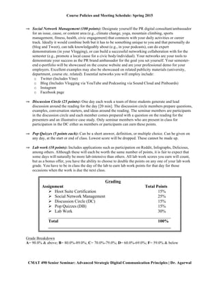 Course Policies and Meeting Schedule: Spring 2015
	
  
CMAT 490 Senior Seminar: Advanced Strategic Digital Communication Principles | Dr. Agarwal
⇒ Social Network Management (100 points): Designate yourself the PR digital consultant/ambassador
for an issue, cause, or content area (e.g., climate change, yoga, mountain climbing, sports
management, fitness, health, civic engagement) that connects with your daily activities or career
track. Ideally it would combine both but it has to be something unique to you and that personally do
(blog and Tweet), can talk knowledgeably about (e.g., in your podcasts), can do expert
demonstrations (in your Vlogging), or can build a successful networking collaboration with for the
semester (e.g., promote a local cause for a civic body/individual). Your networks are your tools to
demonstrate your success as the PR brand ambassador for the goal you set yourself. Your semester-
end e-portfolio will be showcased on the course website and are your professional demo for your
employers. Excellent examples may also be showcased on related publicity materials (university,
department, course etc. related). Essential networks you will employ include:
o Twitter (Includes Vine)
o Blog (Includes Vlogging via YouTube and Podcasting via Sound Cloud and Pinboards)
o Instagram
o Facebook page
⇒ Discussion Circle (25 points): One day each week a team of three students generate and lead
discussion around the reading for the day [20 min]. The discussion circle members prepare questions,
examples, conversation starters, and ideas around the reading. The seminar members are participants
in the discussion circle and each member comes prepared with a question on the reading for the
presenters and an illustrative case study. Only seminar members who are present in class for
participation in the DC either as members or participants can earn these points.
⇒ Pop Quizzes (5 points each): Can be a short answer, definition, or multiple choice. Can be given on
any day, at the start or end of class. Lowest score will be dropped. These cannot be made up.
⇒ Lab work (10 points): Includes applications such as participation on Reddit, Infographs, Delicious,
among others. Although these will each be worth the same number of points, it is fair to expect that
some days will naturally be more lab-intensive than others. All lab work scores you earn will count,
but as a bonus offer, you have the ability to choose to double the points on any one of your lab work
grade. You have to be in class the day of the lab to earn lab work points for that day for those
occasions when the work is due the next class.
Grade Breakdown
A= 90.0% & above; B= 80.0%-89.0%; C= 70.0%-79.0%; D= 60.0%-69.0%; F= 59.0% & below
v Important Semester Dates: Jan 26th
–May 12th
: Session dates | Jan 26th
: First day of classes| Jan 26th
–
Jan 30th
: Add/drop| Mar 16th
– Mar 22nd
: Spring Break | Apr 3rd
: Last day to Withdraw with a grade of
(W)| May 12th
: Last day of classes| May 13th
: Reading day| May 14th
–May 20th
: Finals week| May
21st
Commencement
Grading
Assignment Total Points
Ø Hoot Suite Certification 15%
Ø Social Network Management 25%
Ø Discussion Circle (DC) 15%
Ø Pop Quizzes (DB) 15%
Ø Lab Work 30%
	
  
 