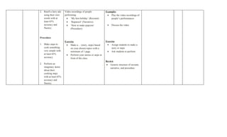 2. Retell a fairy tale   Video recordings of people            Examples
   using their own       performing:                            • Play the video recordings of
   words with at           • ‘My best holiday’ (Recount)           people’s performances
   least 65%               • ‘Rapunzel’ (Narrative)
   accuracy and            • ‘How to make popcorn’              •   Discuss the video
   fluency.                    (Procedure)


Procedure
                         Exercise                              Exercise
1. Make steps to          • Make a… (story, steps) based        • Assign students to make a
   cook something             on your chosen topics with a          story or steps
   very simple with           minimum of 1 page.                • Ask students to perform
   at least 65%           • Perform your stories or steps in
   accuracy.                  front of the class.
                                                               Review
2. Perform an                                                  • Generic structure of recount,
   imaginary demo                                                  narrative, and procedure
   about their
   cooking steps
   with at least 65%
   accuracy and
   fluency.
 