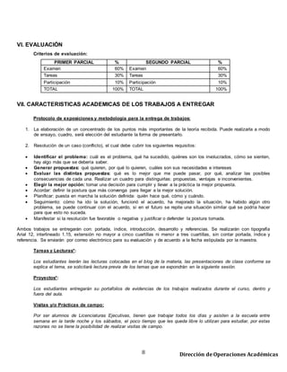 8 Dirección de Operaciones Académicas
VI. EVALUACIÓN
Criterios de evaluación:
PRIMER PARCIAL % SEGUNDO PARCIAL %
Examen 60% Examen 60%
Tareas 30% Tareas 30%
Participación 10% Participación 10%
TOTAL 100% TOTAL 100%
VII. CARACTERISTICAS ACADEMICAS DE LOS TRABAJOS A ENTREGAR
Protocolo de exposiciones y metodología para la entrega de trabajos:
1. La elaboración de un concentrado de los puntos más importantes de la teoría recibida. Puede realizarla a modo de
ensayo, cuadro, será elección del estudiante la forma de presentarlo.
2. Resolución de un caso (conflicto), el cual debe cubrir los siguientes requisitos:
 Identificar el problema: cuál es el problema, qué ha sucedido, quiénes son los involucrados, cómo se sienten,
hay algo más que se debería saber.
 Generar propuestas: qué quieren, por qué lo quieren, cuáles son sus necesidades e intereses
 Evaluar las distintas propuestas: qué es lo mejor que me puede pasar, por qué, analizar las posibles
consecuencias de cada una. Realizar un cuadro para distinguirlas: propuestas, ventajas e inconvenientes.
 Elegir la mejor opción: tomar una decisión para cumplir y llevar a la práctica la mejor propuesta.
 Acordar: definir la postura que más convenga para llegar a la mejor solución.
 Planificar: puesta en marcha la solución definida: quién hace qué, cómo y cuándo.
 Seguimiento: cómo ha ido la solución, funcionó el acuerdo, ha mejorado la situación, ha habido algún otro
problema, se puede continuar con el acuerdo, si en el futuro se repite una situación similar qué se podría hacer
para que esto no suceda.
 Manifestar si la resolución fue favorable o negativa y justificar o defender la postura tomada.
Ambos trabajos se entregarán con: portada, índice, introducción, desarrollo y referencias. Se realizarán con tipografía Arial
12, interlineado 1.15, extensión no mayor a cinco cuartillas ni menor a tres cuartillas, sin contar portada, índice y referencia.
Se enviarán por correo electrónico para su evaluación y de acuerdo a la fecha estipulada por la maestra.
Tareas y Lecturas*:
Los estudiantes leerán las lecturas colocadas en el blog de la materia, las presentaciones de clase conforme se
explica el tema, se solicitará lectura previa de los temas que se expondrán en la siguiente sesión.
Proyectos*:
Los estudiantes entregarán su portafolios de evidencias de los trabajos realizados durante el curso, dentro y fuera
del aula.
Visitas y/o Prácticas de campo:
Por ser alumnos de Licenciaturas Ejecutivas, tienen que trabajar todos los días y asisten a la escuela entre semana
en la tarde noche y los sábados, el poco tiempo que les queda libre lo utilizan para estudiar, por estas razones no
se tiene la posibilidad de realizar visitas de campo.
 
