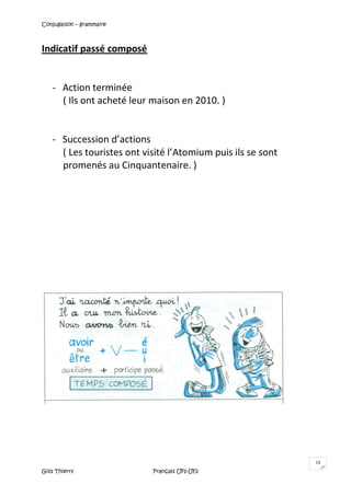 Conjugaison – grammaire
Gilis Thierry Français UF1-UF2
15
Indicatif passé composé
- Action terminée
( Ils ont acheté leur maison en 2010. )
- Succession d’actions
( Les touristes ont visité l’Atomium puis ils se sont
promenés au Cinquantenaire. )
 