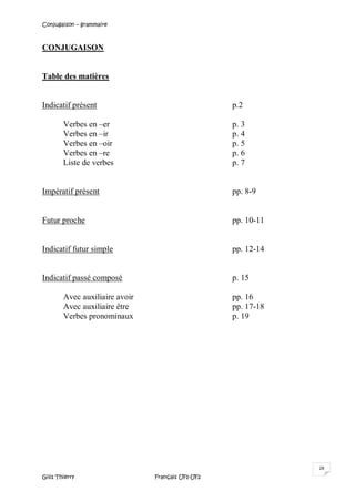 Conjugaison – grammaire
Gilis Thierry Français UF1-UF2
28
CONJUGAISON
Table des matières
Indicatif présent p.2
Verbes en –er p. 3
Verbes en –ir p. 4
Verbes en –oir p. 5
Verbes en –re p. 6
Liste de verbes p. 7
Impératif présent pp. 8-9
Futur proche pp. 10-11
Indicatif futur simple pp. 12-14
Indicatif passé composé p. 15
Avec auxiliaire avoir pp. 16
Avec auxiliaire être pp. 17-18
Verbes pronominaux p. 19
 