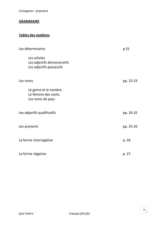 Conjugaison – grammaire
Gilis Thierry Français UF1-UF2
29
GRAMMAIRE
Tables des matières
Les déterminants p.21
Les articles
Les adjectifs démonstratifs
Les adjectifs possessifs
Les noms pp. 22-23
Le genre et le nombre
Le féminin des noms
Les noms de pays
Les adjectifs qualificatifs pp. 24-25
Les pronoms pp. 25-26
La forme interrogative p. 26
La forme négative p. 27
 