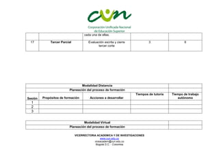 VICERRECTORIA ACADEMICA Y DE INVESTIGACIONES
www.cun.edu.co
viceacadem@cun.edu.co
Bogotá D.C. - Colombia
cada una de ellas.
17 Tercer Parcial Evaluación escrita y cierre
tercer corte
3 6
Modalidad Distancia
Planeación del proceso de formación
Sesión Propósitos de formación Acciones a desarrollar
Tiempos de tutoría Tiempo de trabajo
autónomo
1
2
3
Modalidad Virtual
Planeación del proceso de formación
 